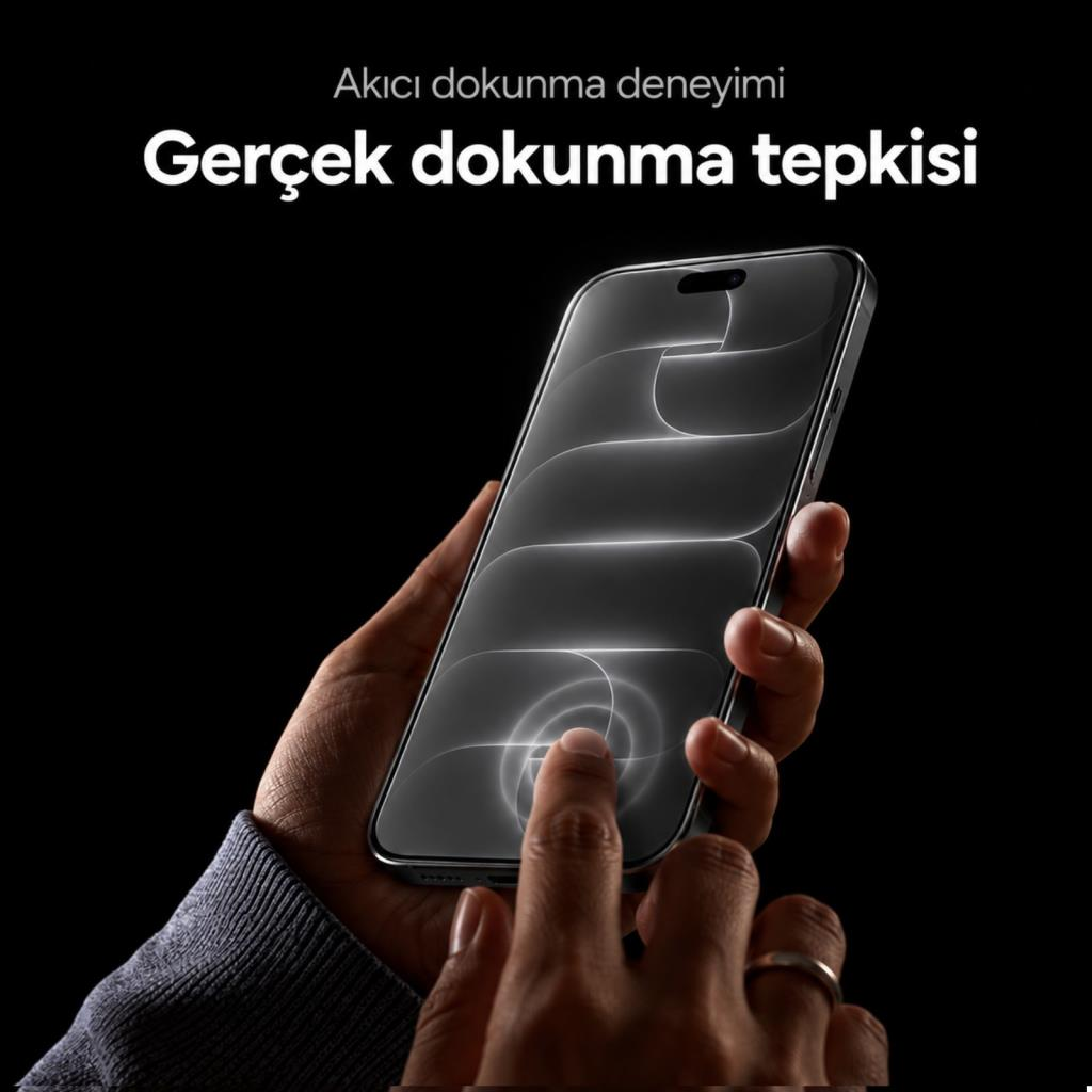 Bir el, ekranında dalga deseni olan akıllı telefonu tutuyor ve bir parmak ekrana dokunuyor.