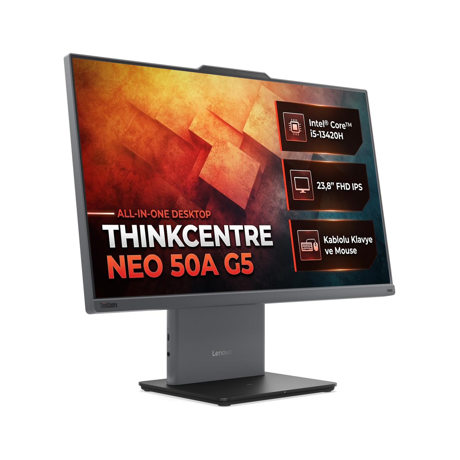 Intel Core i5 ve 23,8 inç ekrana sahip Lenovo ThinkCentre Neo 50A G5 hepsi bir arada masa üstü bilgisayar.