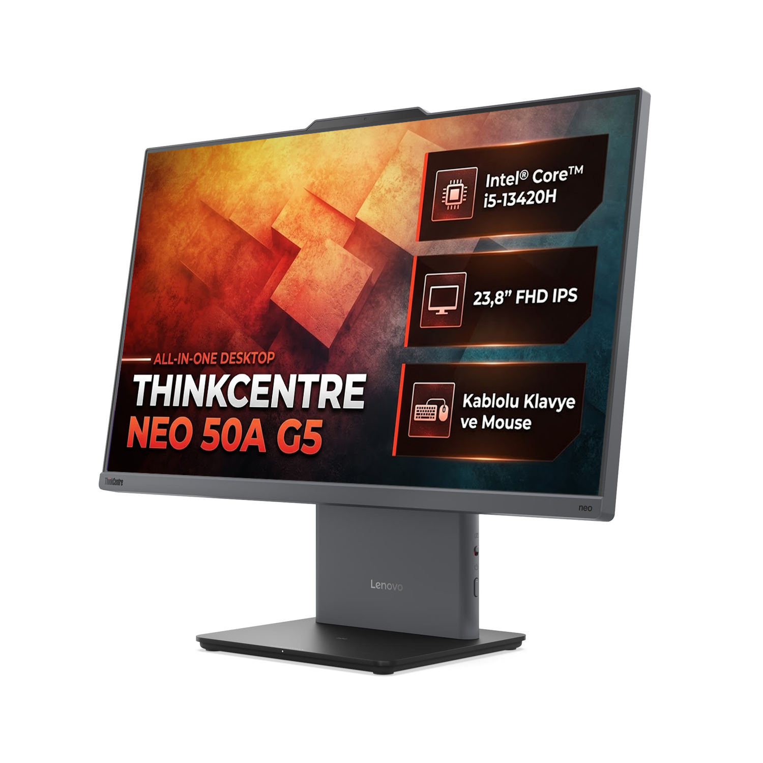 Beyaz arka planda özellikleriyle birlikte Lenovo ThinkCentre Neo 50A G5 hepsi bir arada masaüstü bilgisayar.