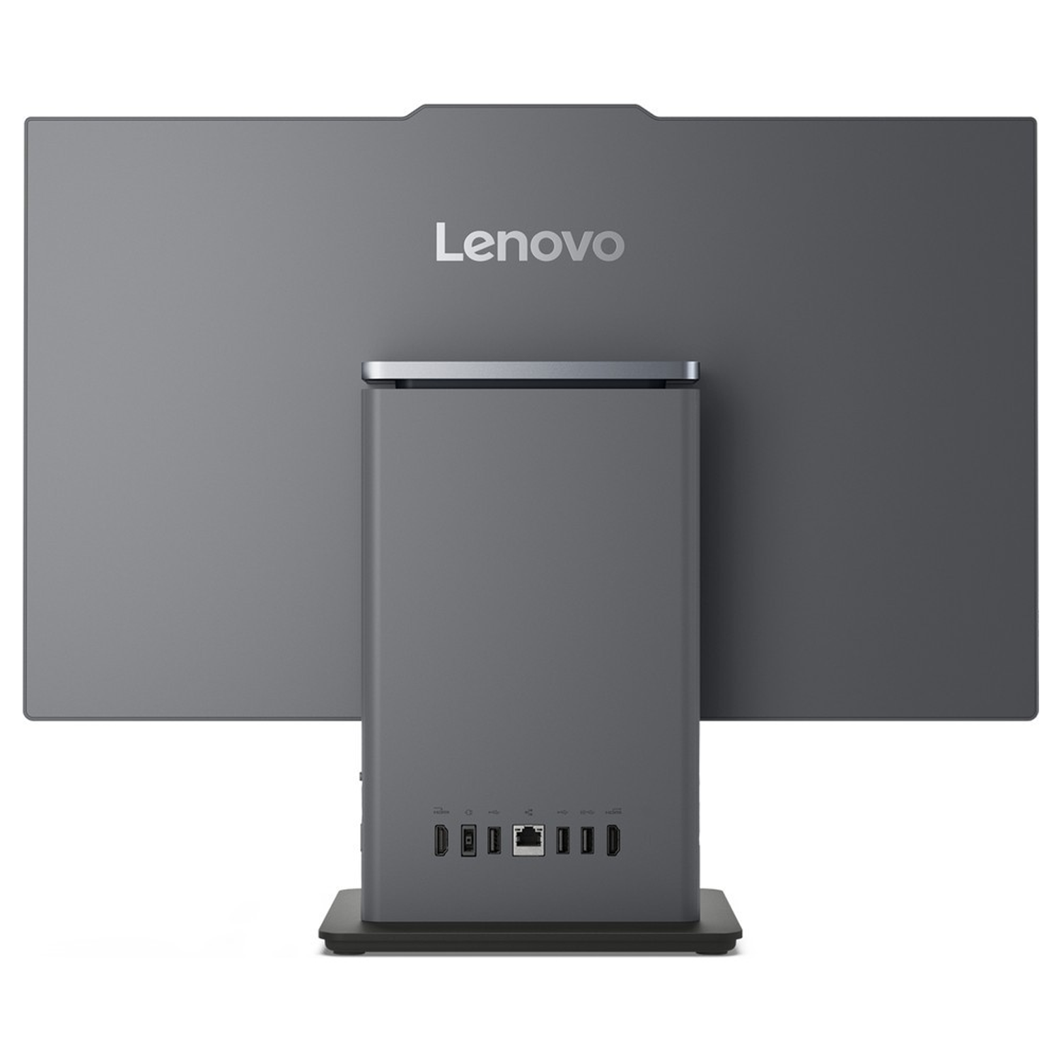 Entegre yerleştirme istasyonuna ve çeşitli bağlantı noktalarına sahip gri bir Lenovo monitörün arka görünümü.