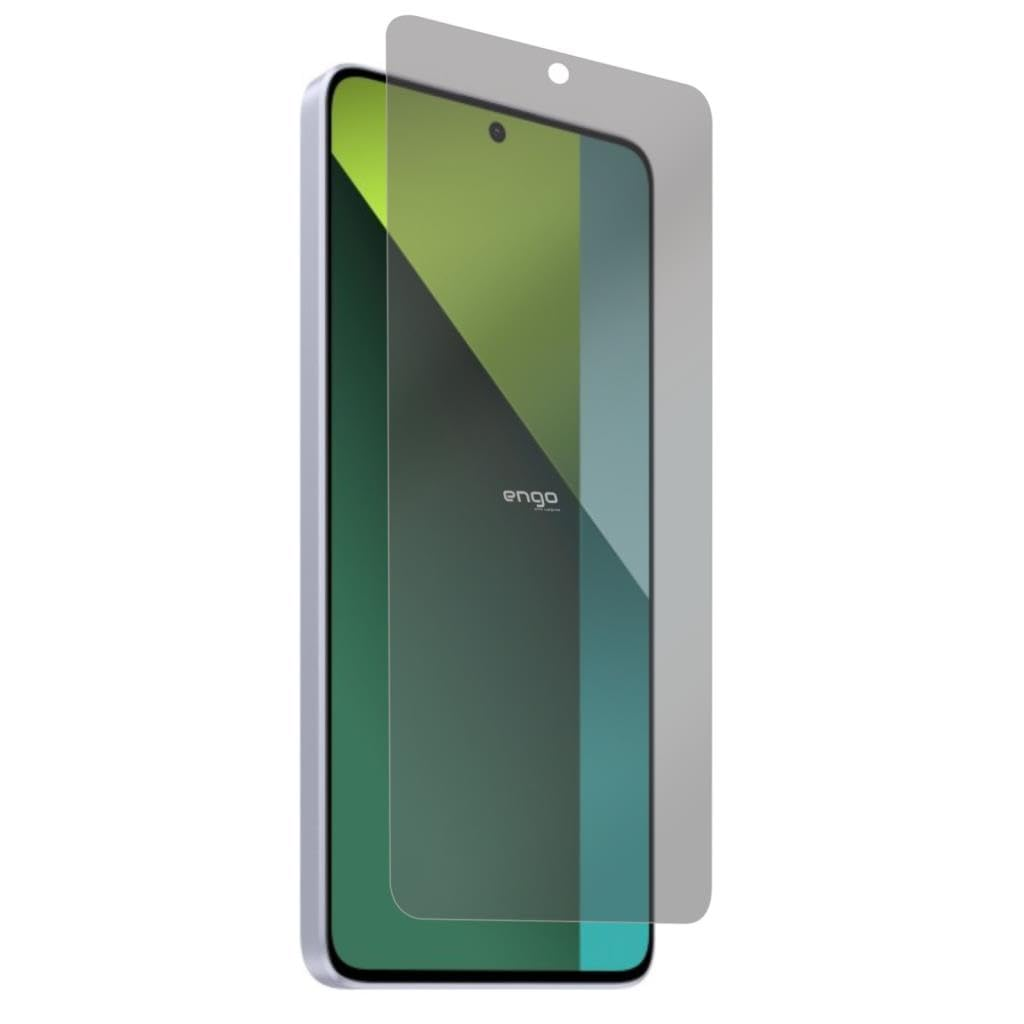 Önünde hafifçe konumlandırılmış şeffaf Engo ekran koruyuculu bir akıllı telefon.