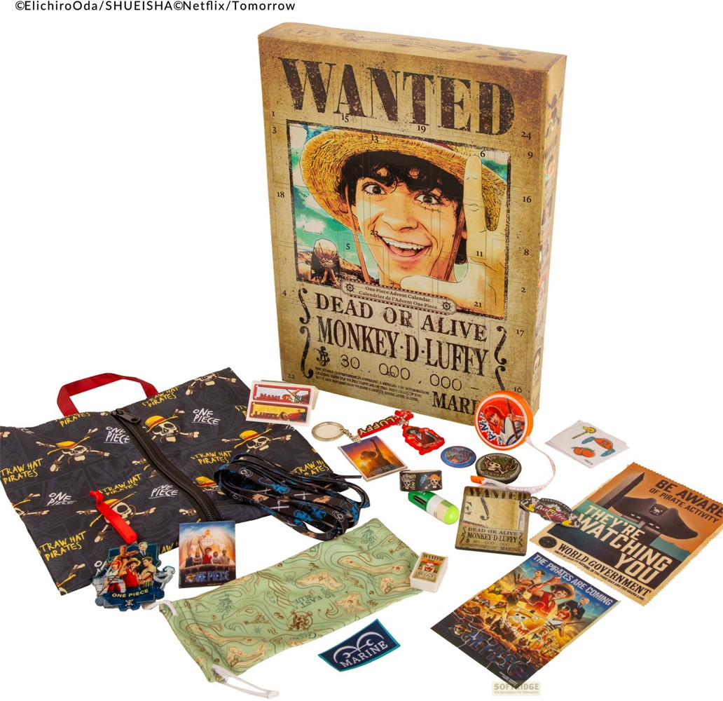 Un calendario de adviento de One Piece con artículos de merchandising como bolso, llaveros y postales.