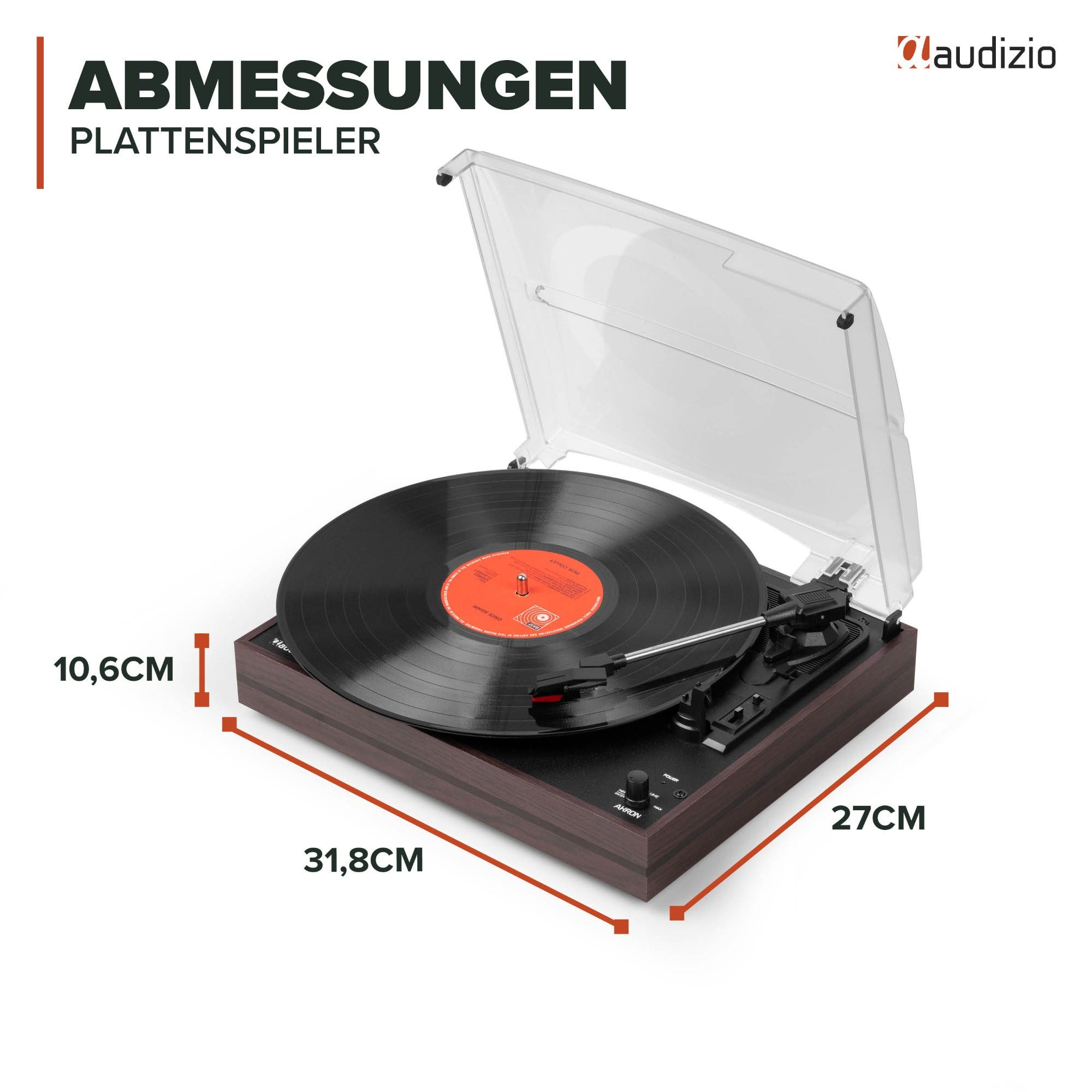 Un plato giradiscos de madera con dimensiones 31,8x27x10,6cm y una cubierta transparente abierta.