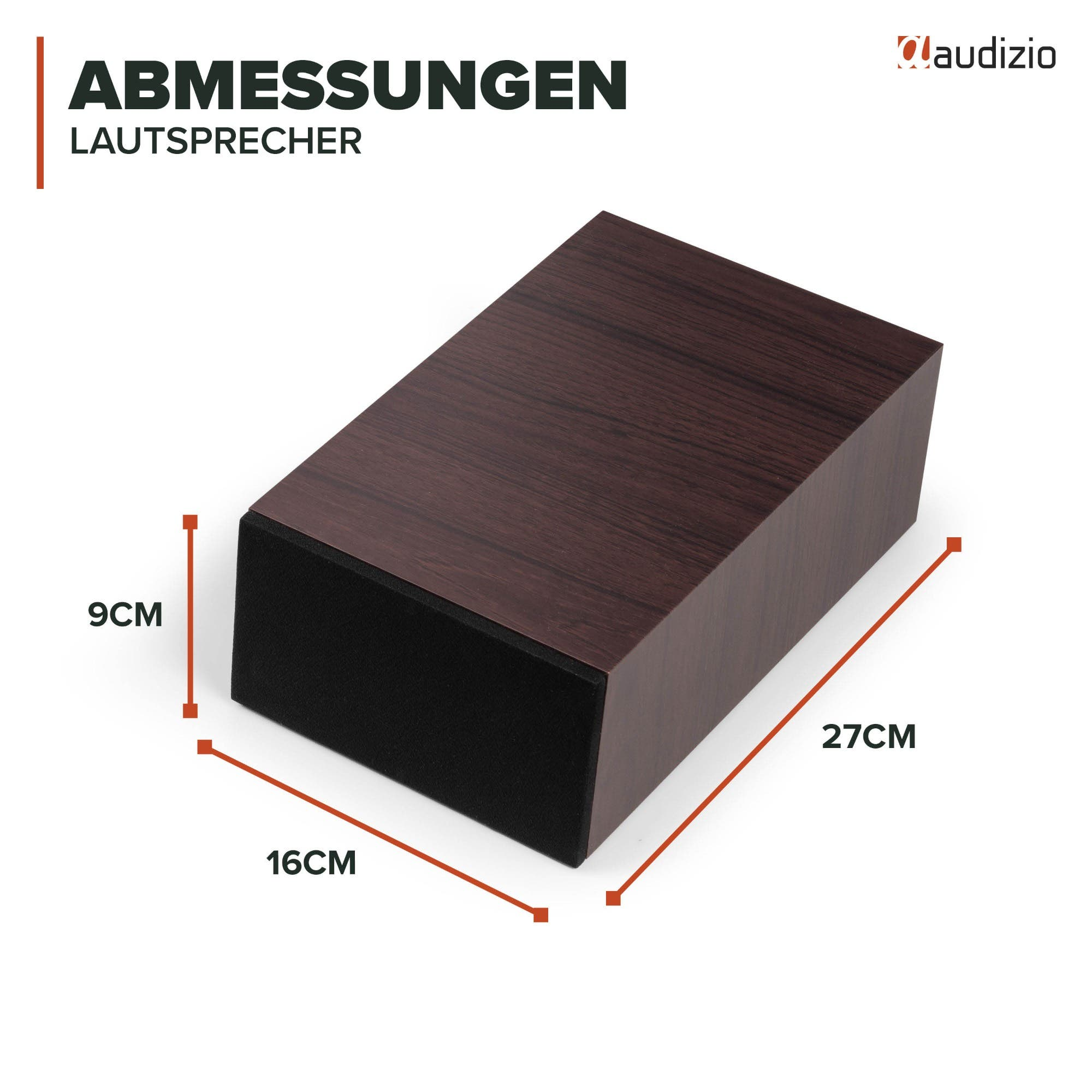 Gráfico de dimensiones de altavoz de madera que muestra altura 9cm, ancho 16cm y largo 27cm.