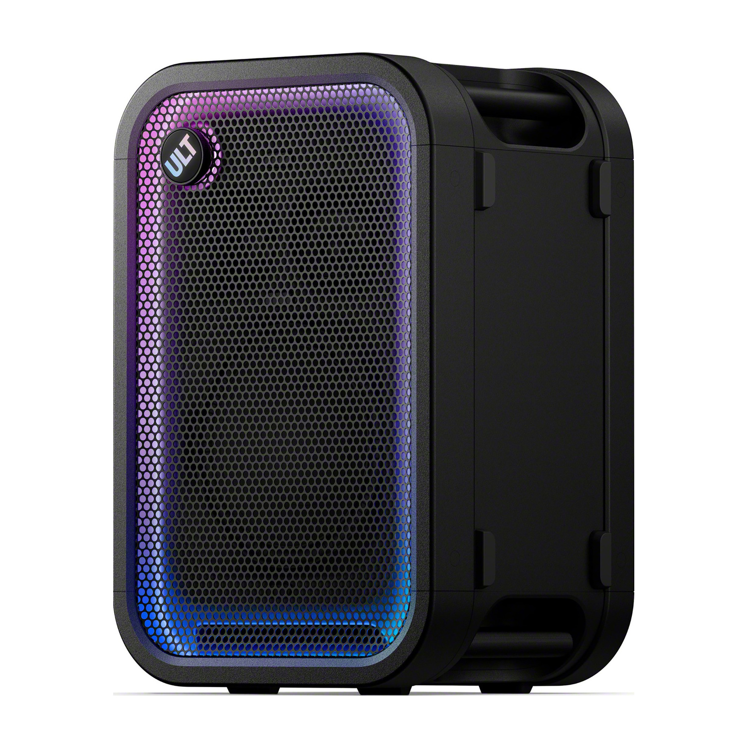 Altavoz Bluetooth negro y portátil con un botón redondo ULT e iluminación LED colorida integrada.