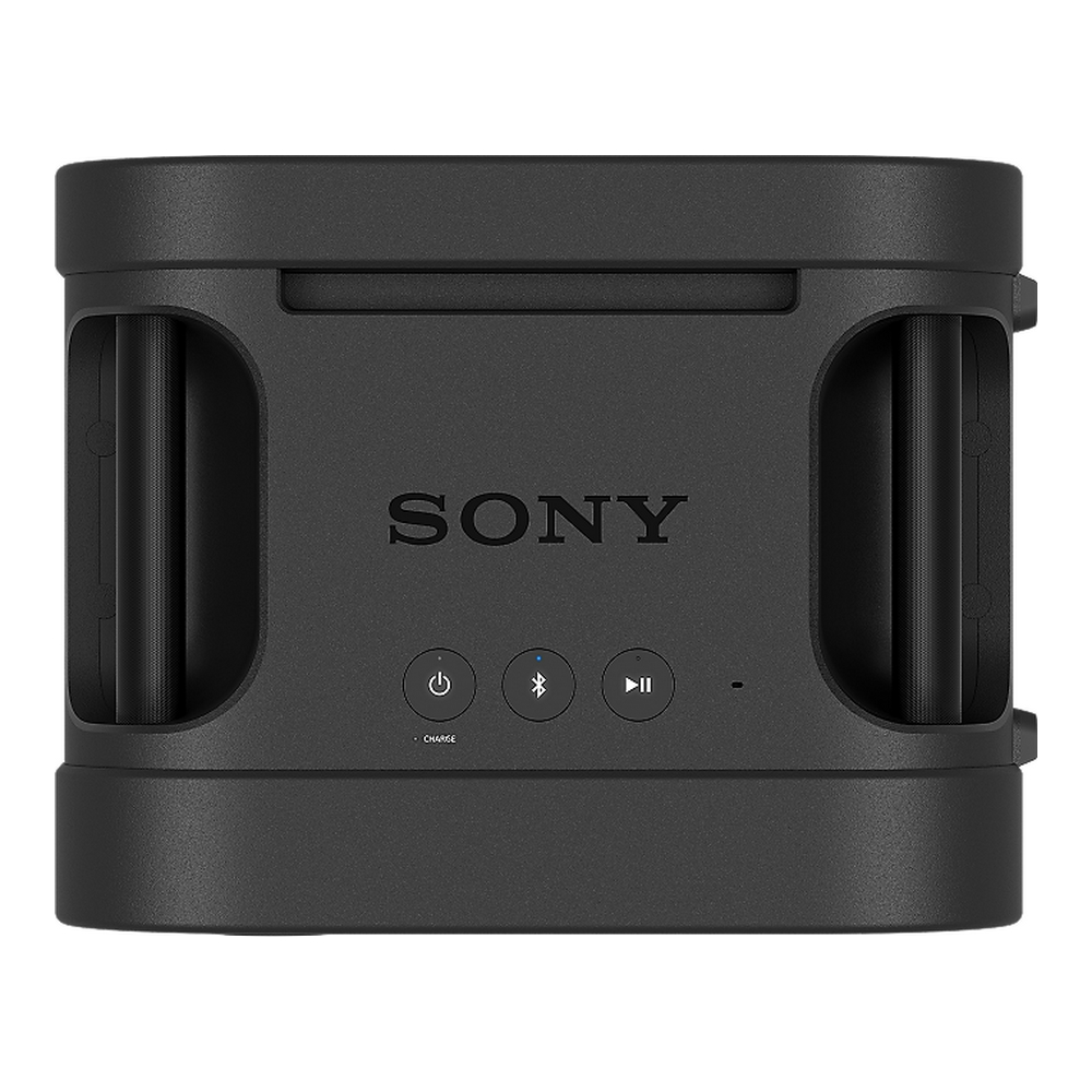Un altavoz inaláctico portátil Sony negro visto de frente, con asas, botones de control y el logotipo de la marca.