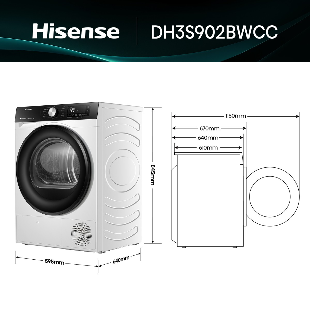 Asciugatrice Hisense DH3S902BWCC con specifiche di altezza, larghezza e profondità.