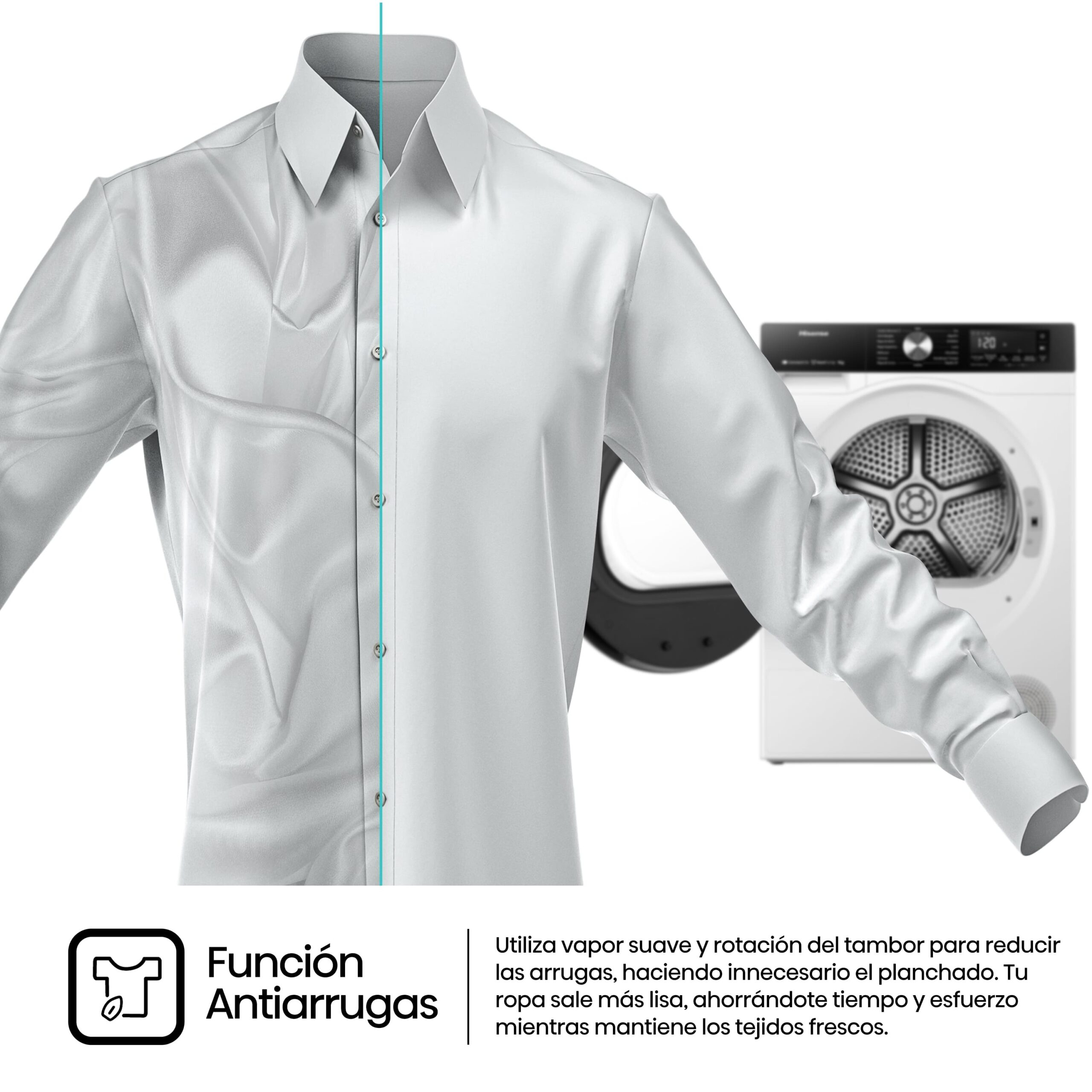 Una camicia bianca, stropicciata a sinistra e liscia a destra per la funzione stirofacile, con lavatrice.