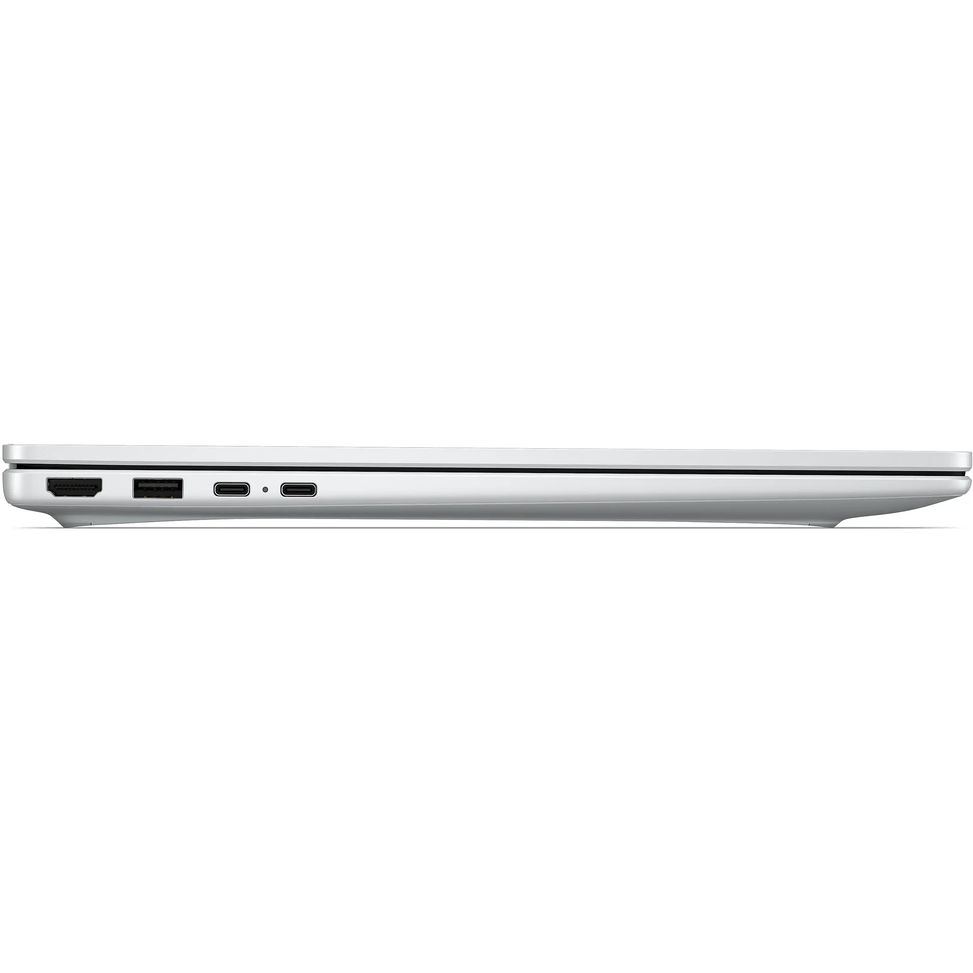 Vista laterale di un laptop argento con porte HDMI, USB-A e USB-C.