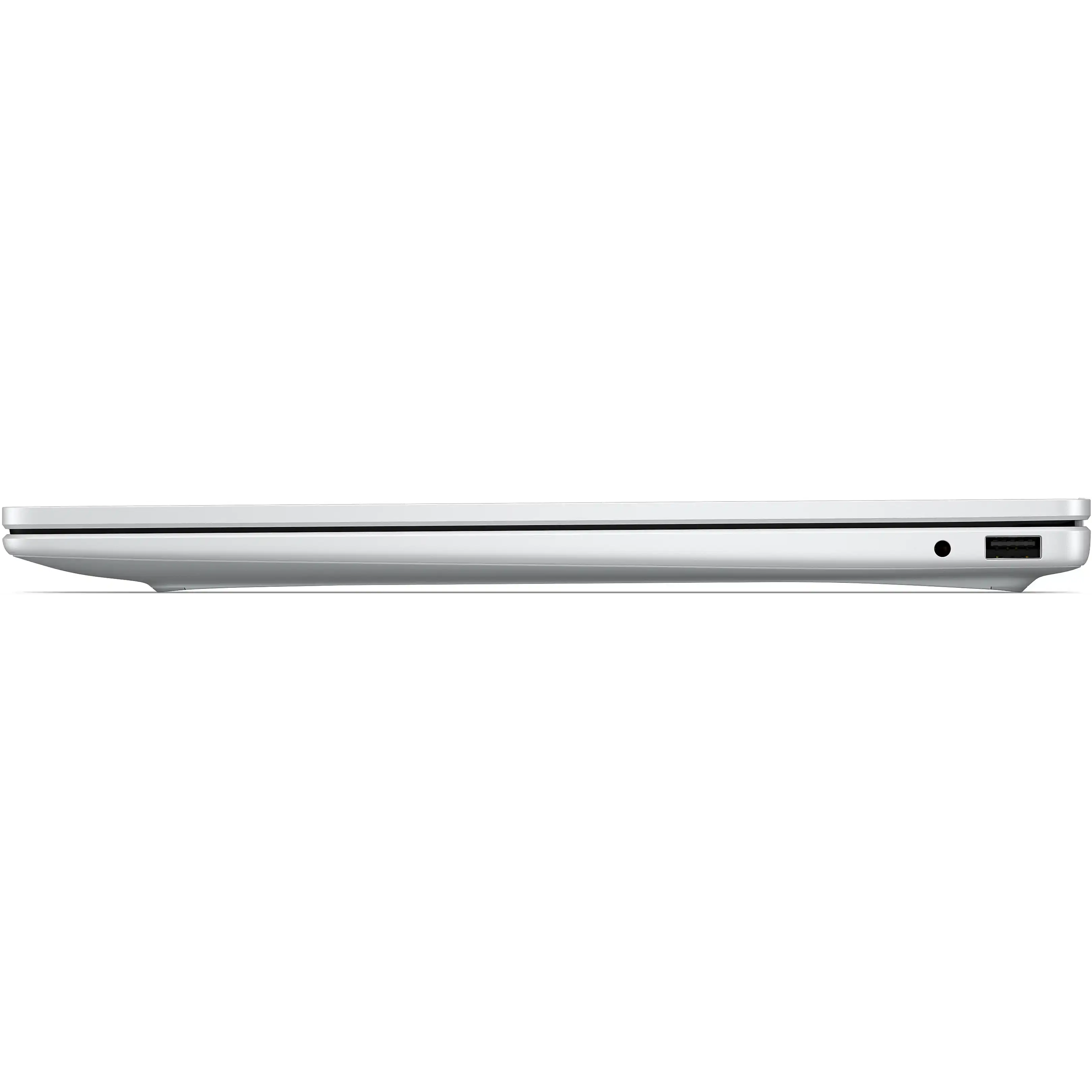 Vista laterale di un laptop argentato chiuso con jack audio e porta USB su sfondo nero.