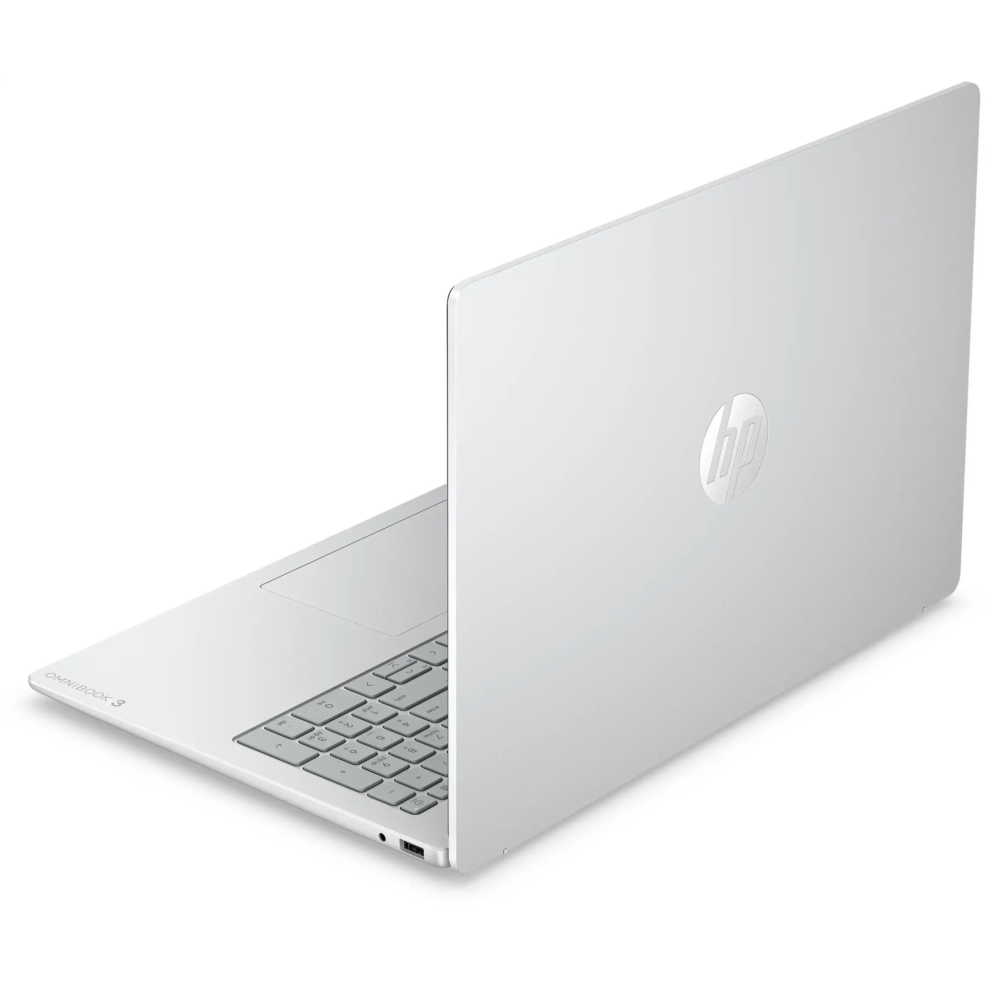 Un computer portatile HP Omnibook 3 argentato visto di sbieco da dietro, con tastiera e logo su sfondo bianco.