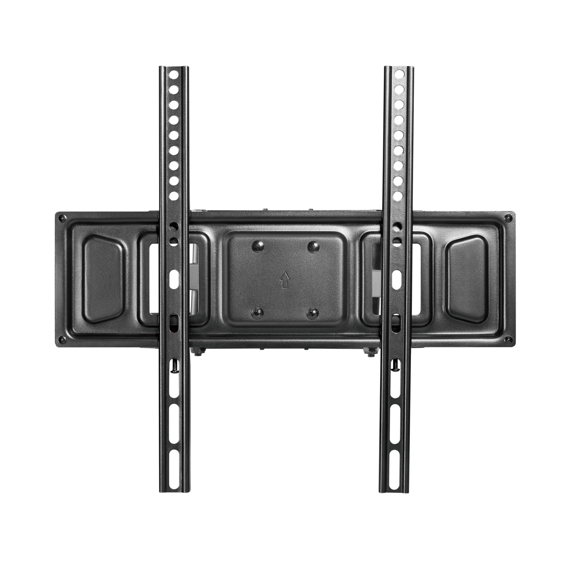 Schwarze TV-Wandhalterung mit zwei vertikalen Schienen auf einer horizontalen Grundplatte vor weißem Hintergrund.