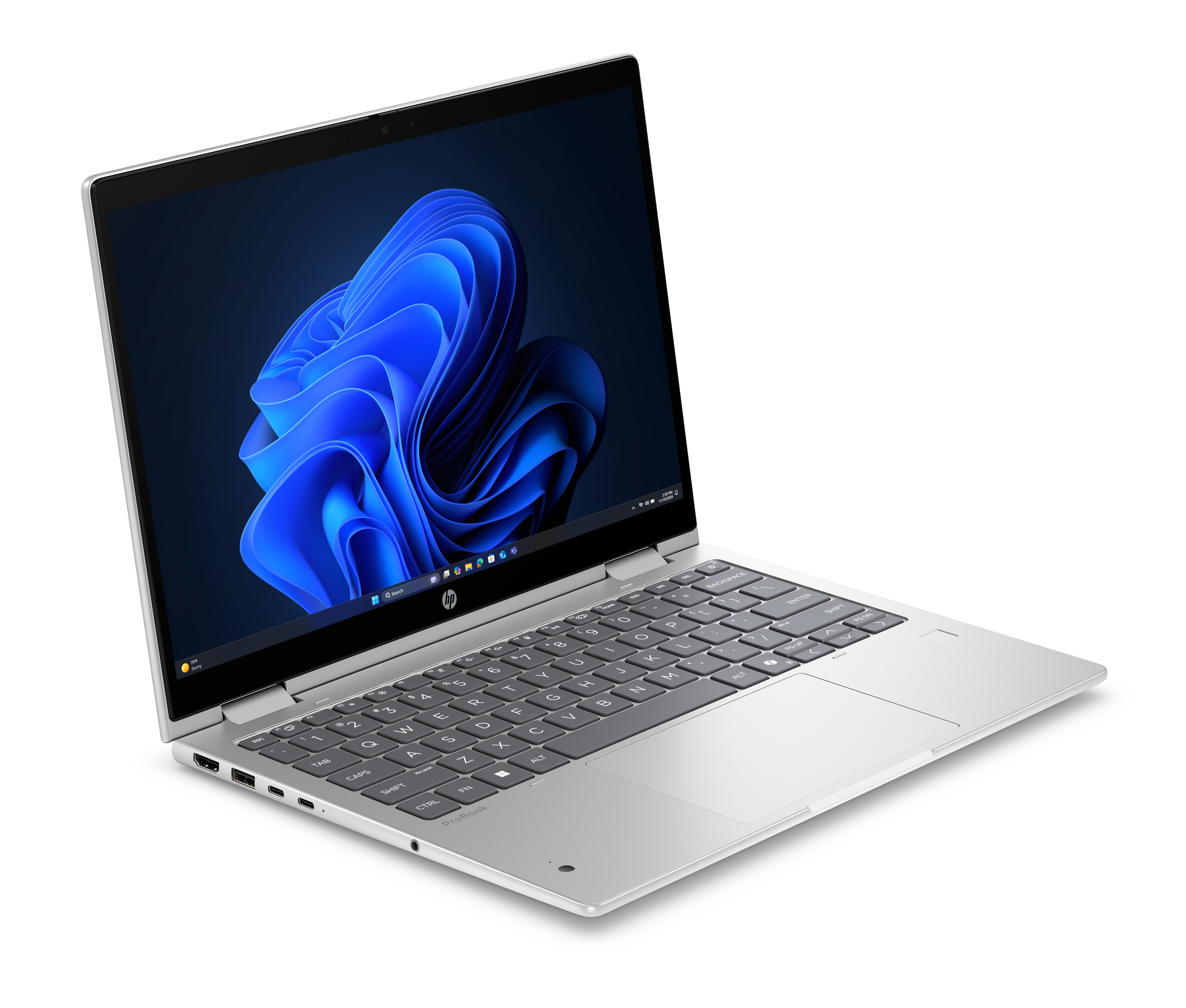 Un laptop HP argento su sfondo bianco con uno sfondo astratto blu sullo schermo.