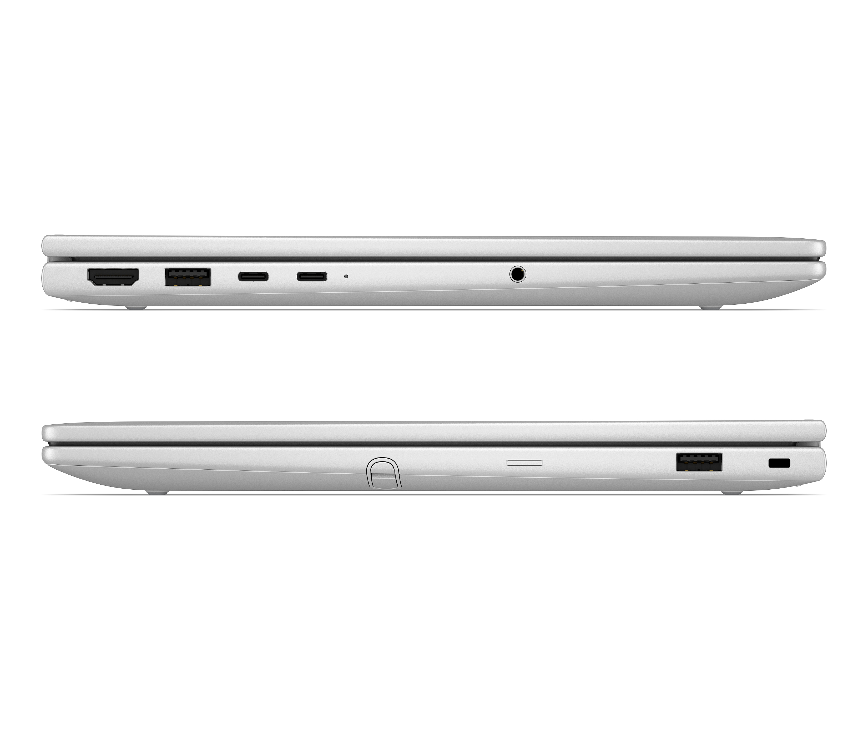 Vista laterale di un laptop argento con porte HDMI, USB e audio.