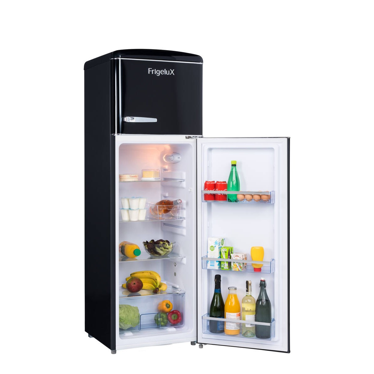 Un refrigerador retro negro con la puerta abierta, lleno de comida y bebidas.