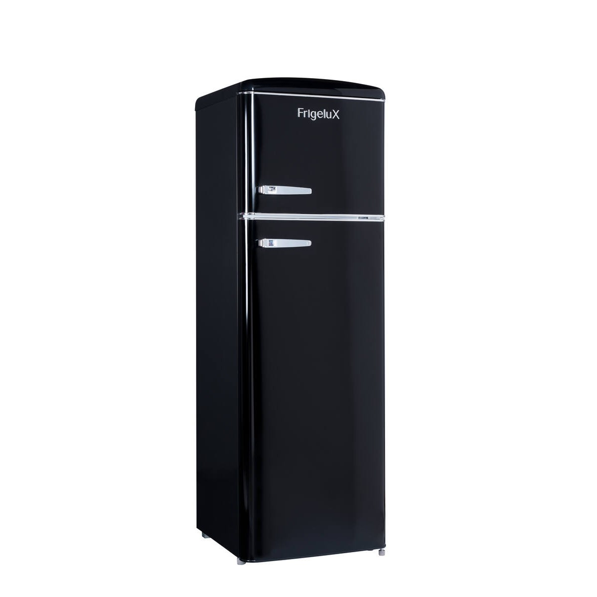 Un refrigerador retro negro brillante con tiradores plateados y el logotipo de FrigeluX en la puerta superior.