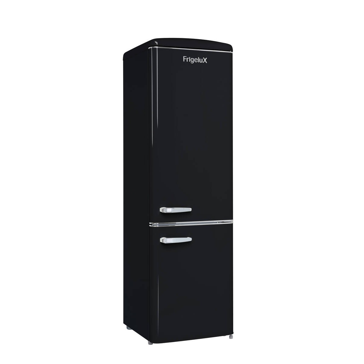 Un refrigerador retro negro brillante con tiradores plateados y el logotipo de FrigeluX sobre un fondo blanco.