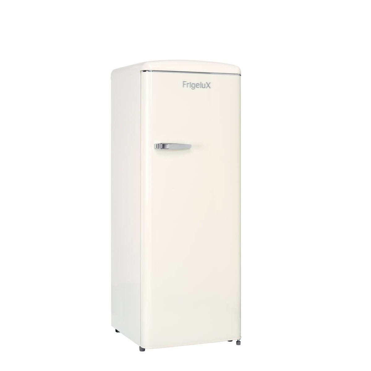 Ein cremefarbener Frigelux Retro-Kühlschrank mit Chromgriff auf weißem Hintergrund.