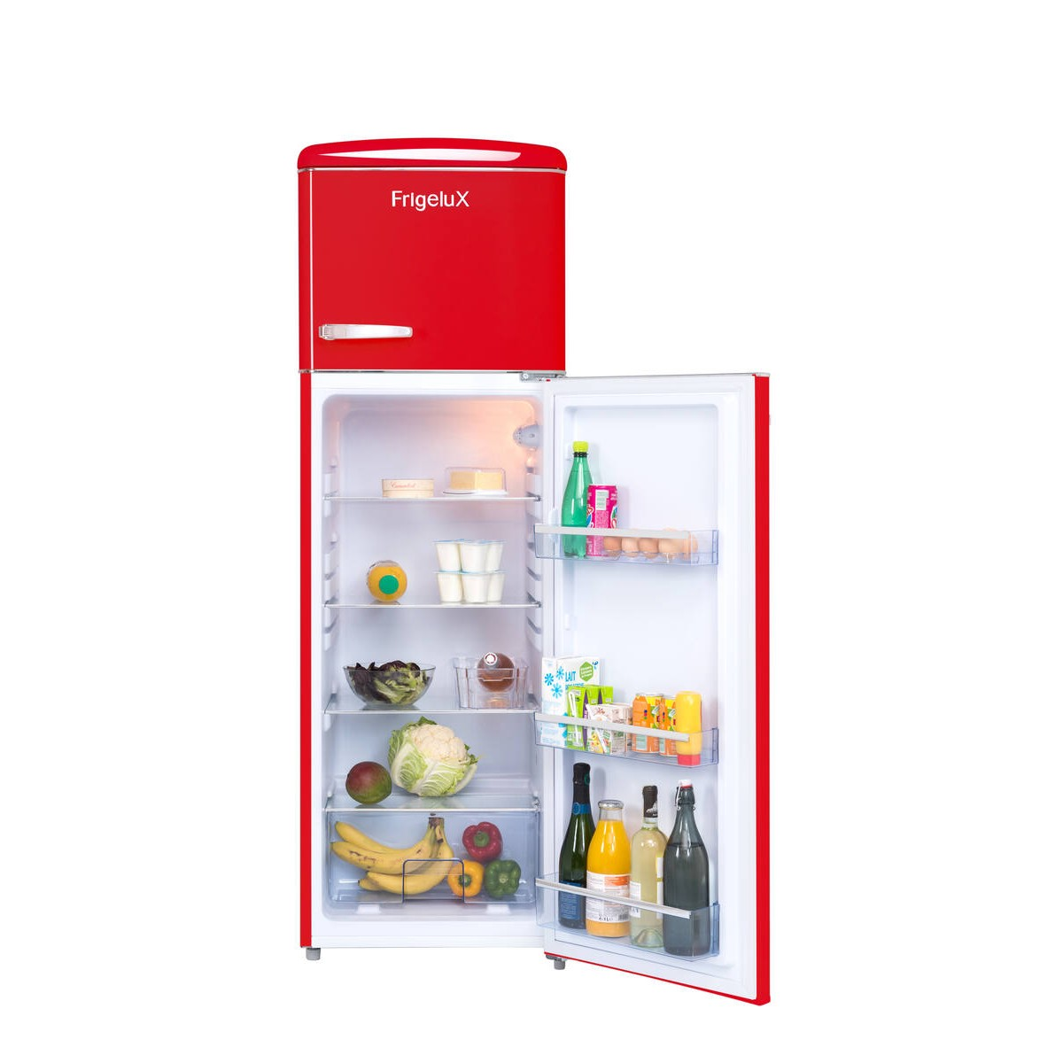 Un refrigerador FrigeluX rojo brillante con la puerta abierta, lleno de verduras frescas, bebidas y alimentos.