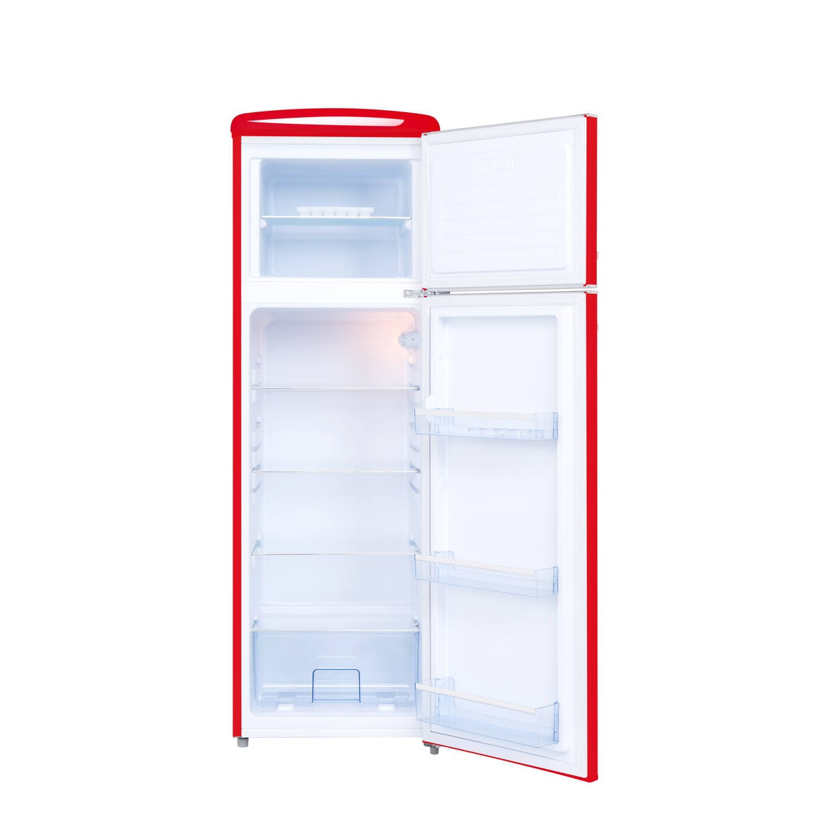 Un refrigerador retro rojo con las puertas abiertas muestra compartimentos y estantes vacíos.
