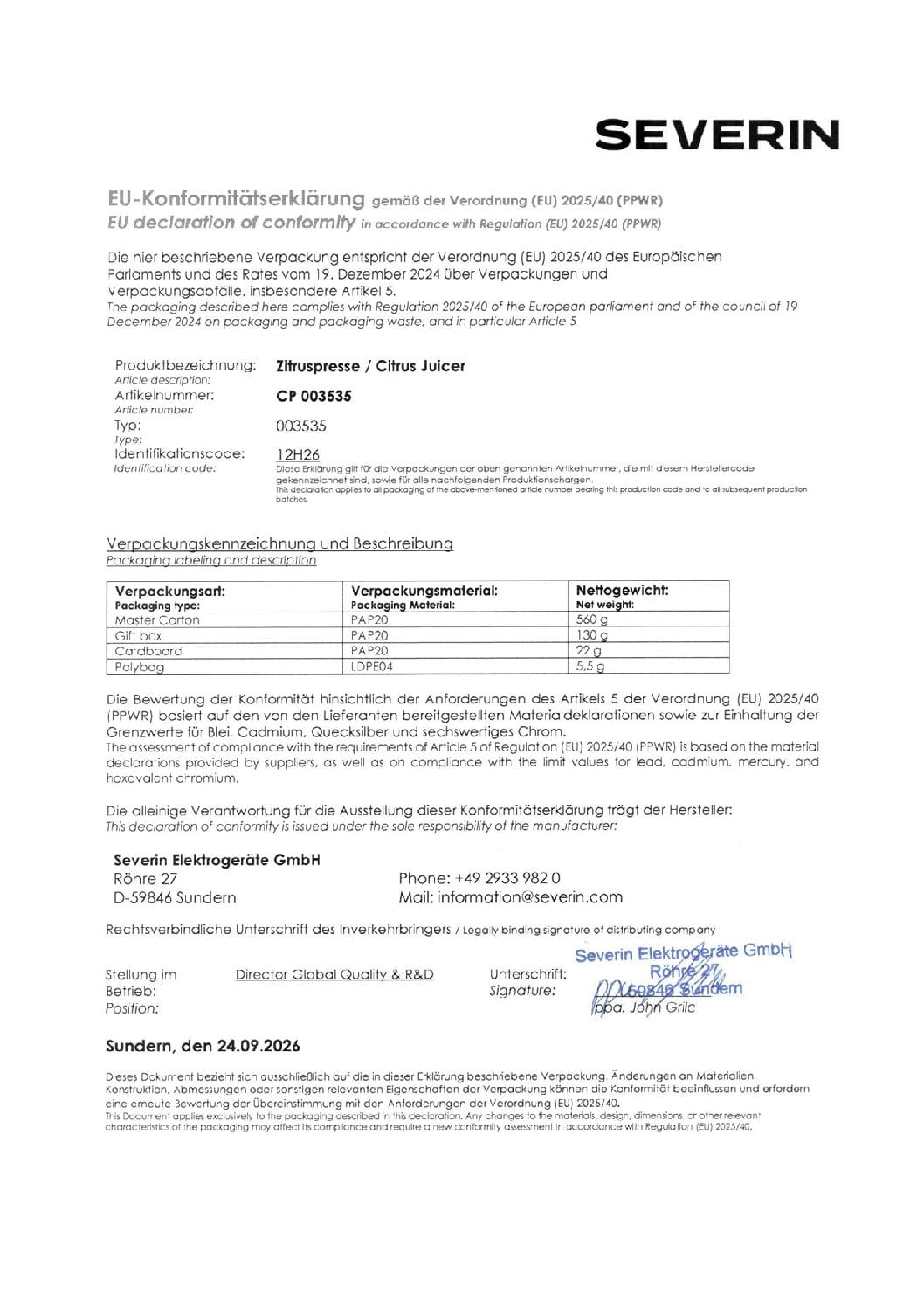 EU-Konformitätserklärung für Severin Zitruspresse mit Produktdetails und Verpackungsdaten.