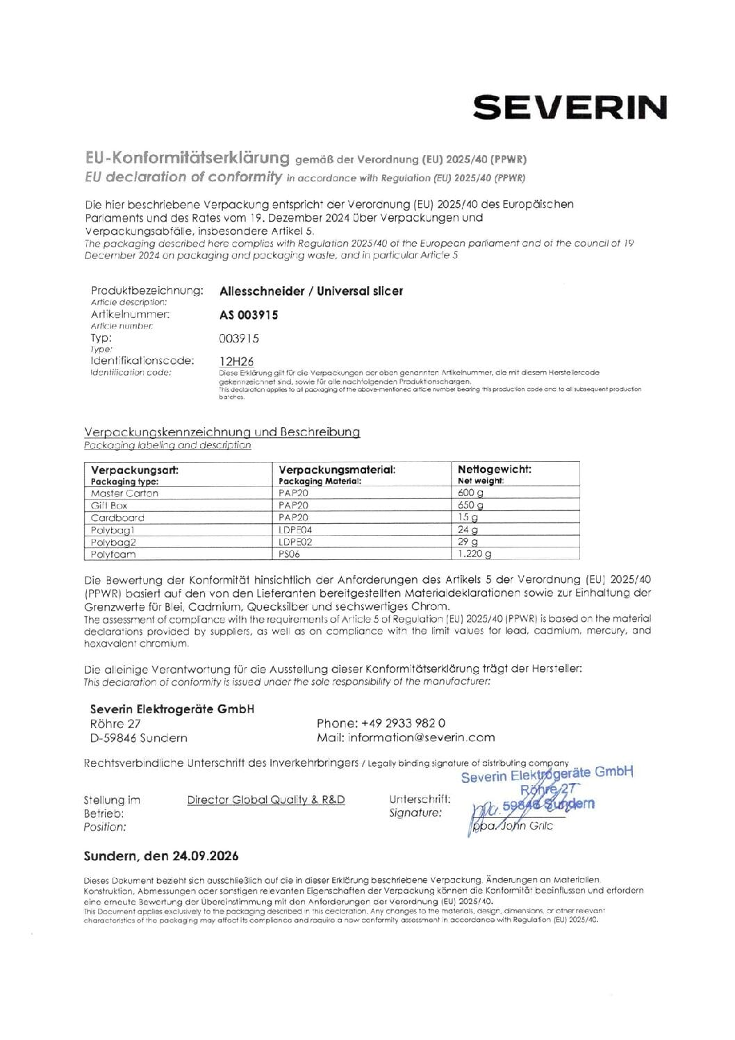 Declaración UE de conformidad para el cortafiambres Severin con detalles de embalaje y firma.
