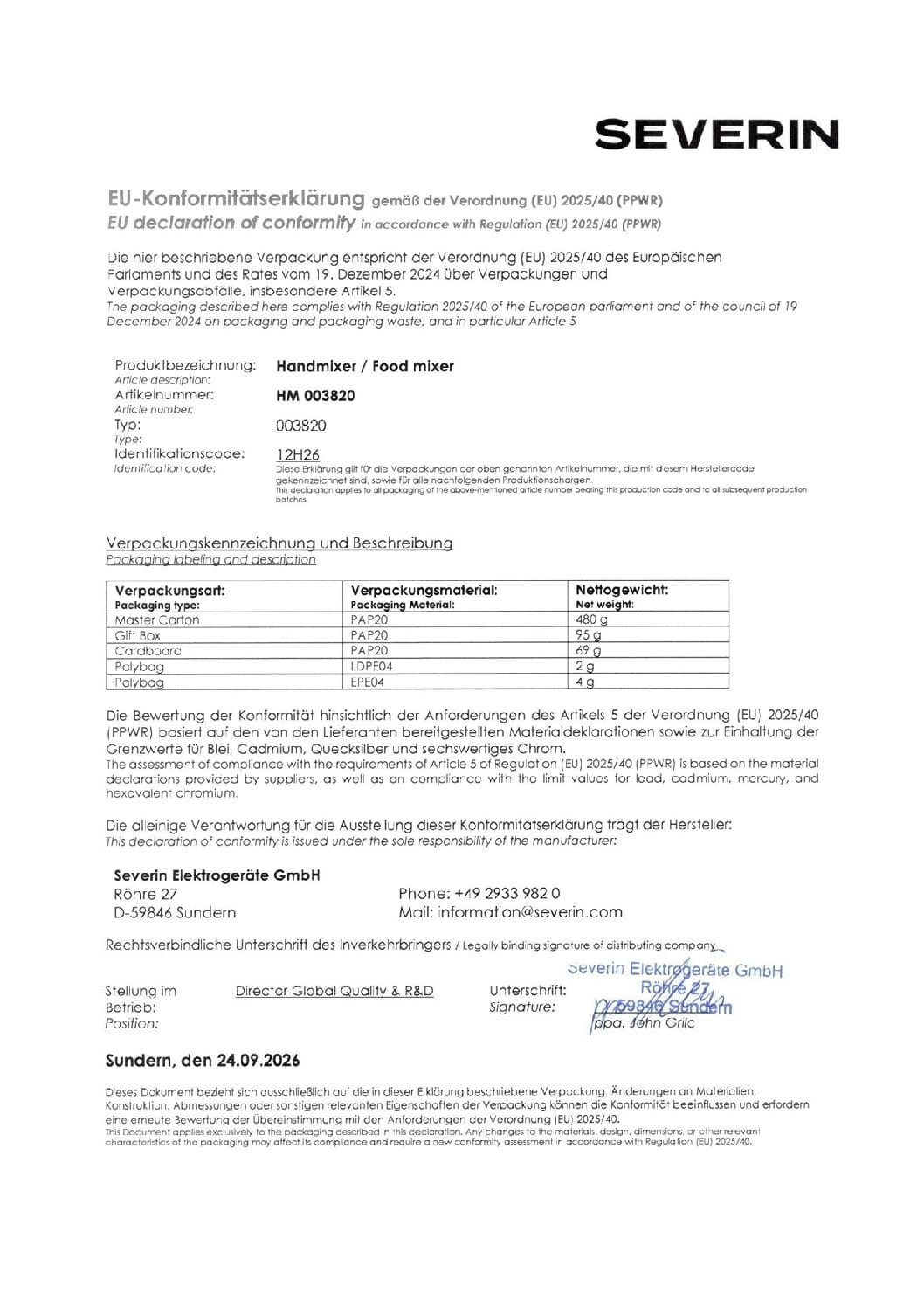 Declaración UE de conformidad para la batidora Severin HM 003820.