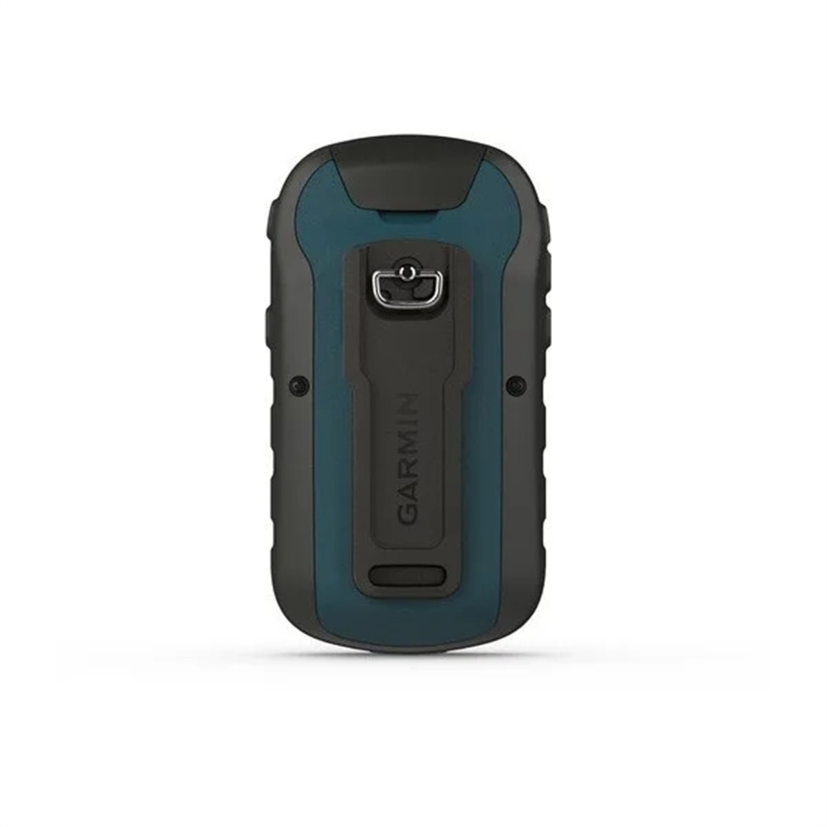 Parte trasera de un dispositivo GPS Garmin azul oscuro y negro con pinza.