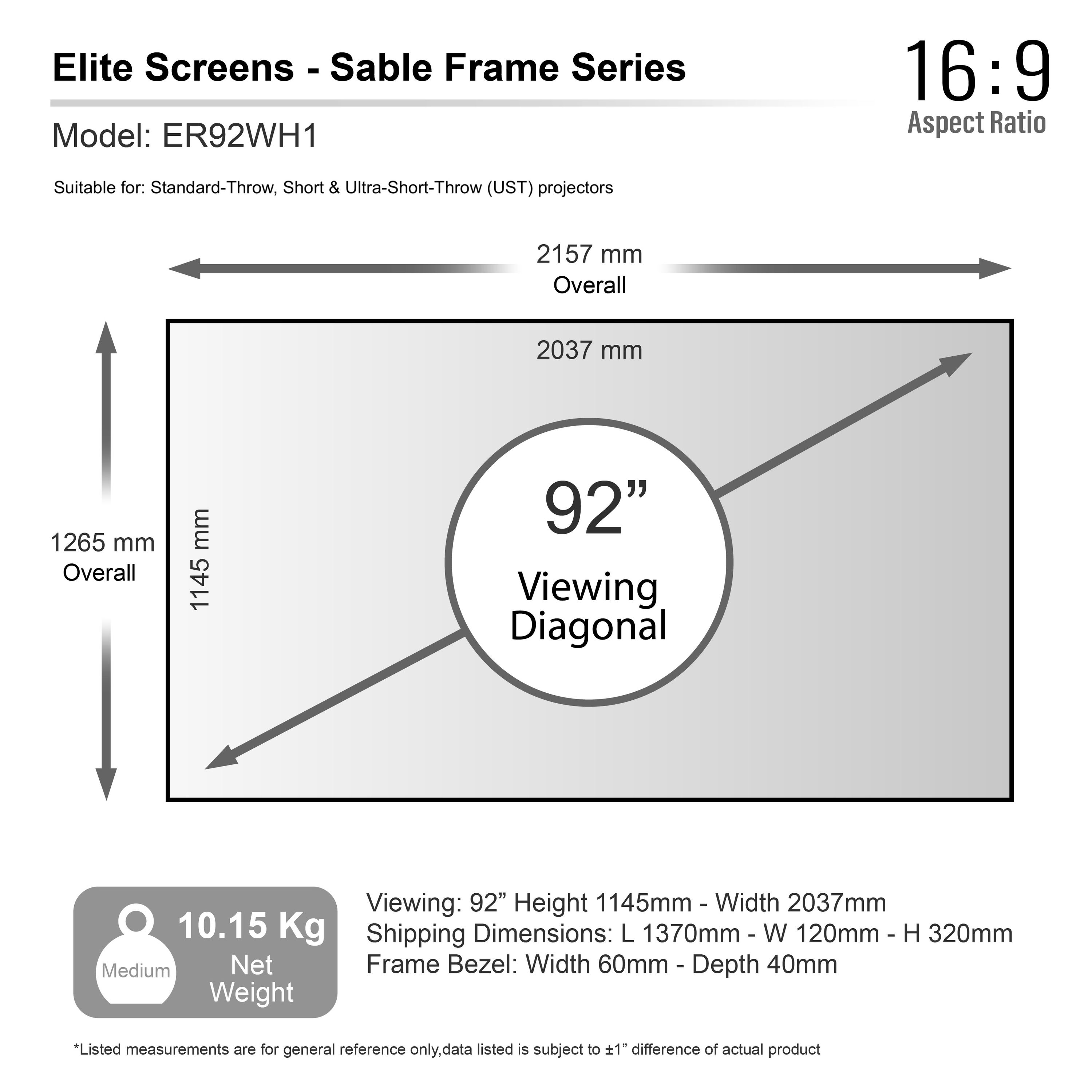 Technische Zeichnung der Elite Screens Sable Frame Serie mit Maßen für das 92-Zoll-Projektionswandmodell.