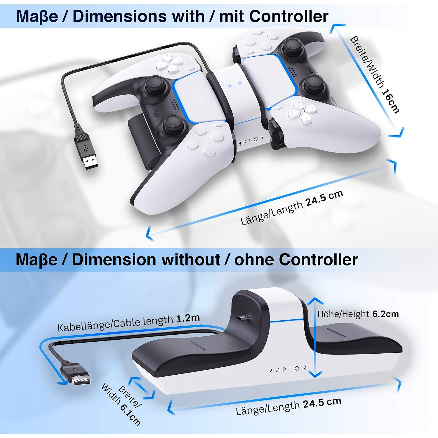 Diagrama que muestra las dimensiones de la base de carga del mando PS5 con y sin mandos.