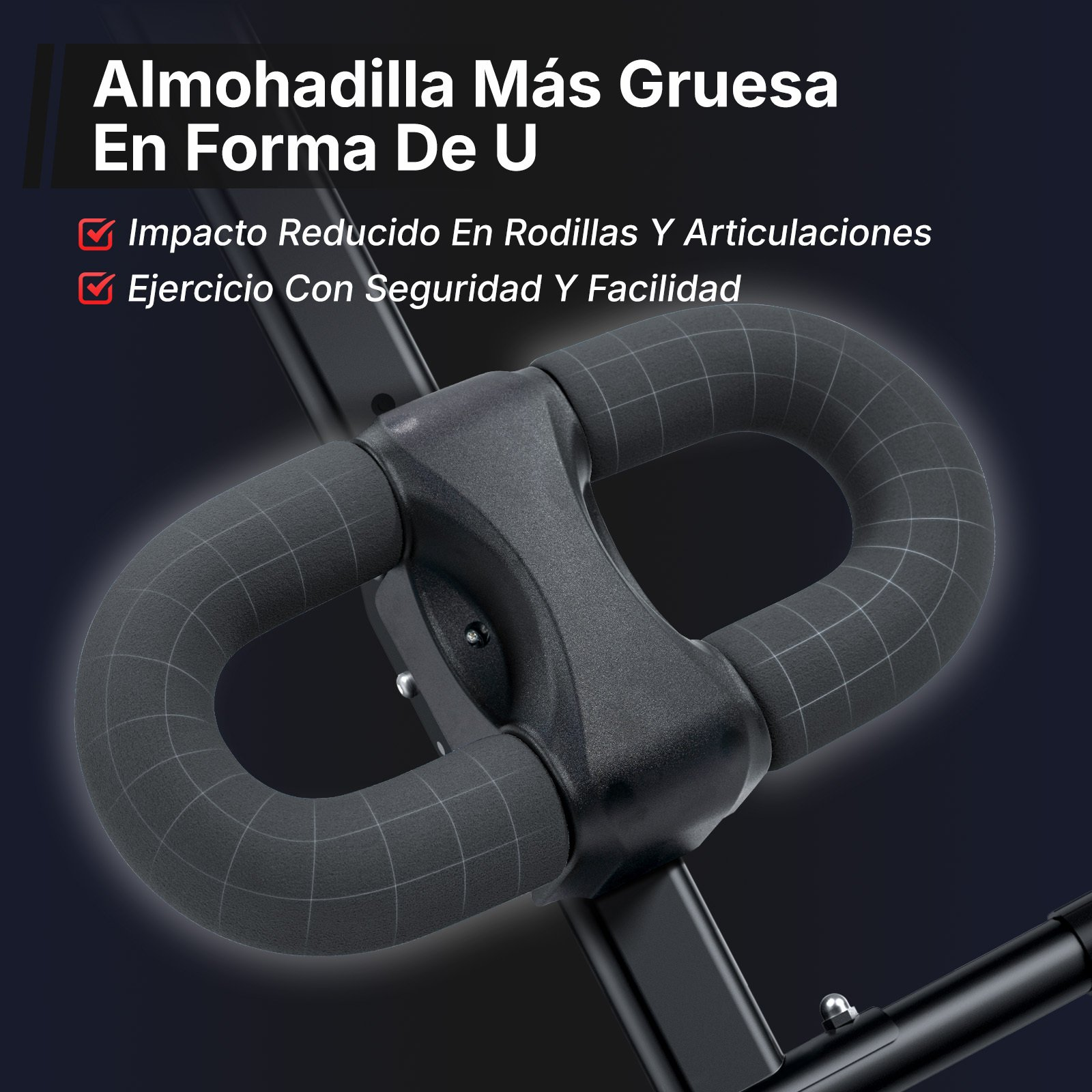Un cojín negro grueso en forma de U en un equipo de ejercicio con texto en español arriba.