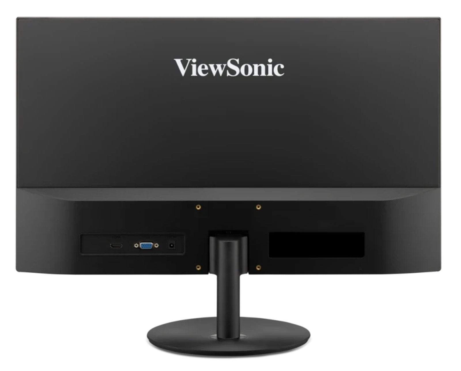 Standı ve bağlantı portları olan siyah ViewSonic monitörün arka görünümü.