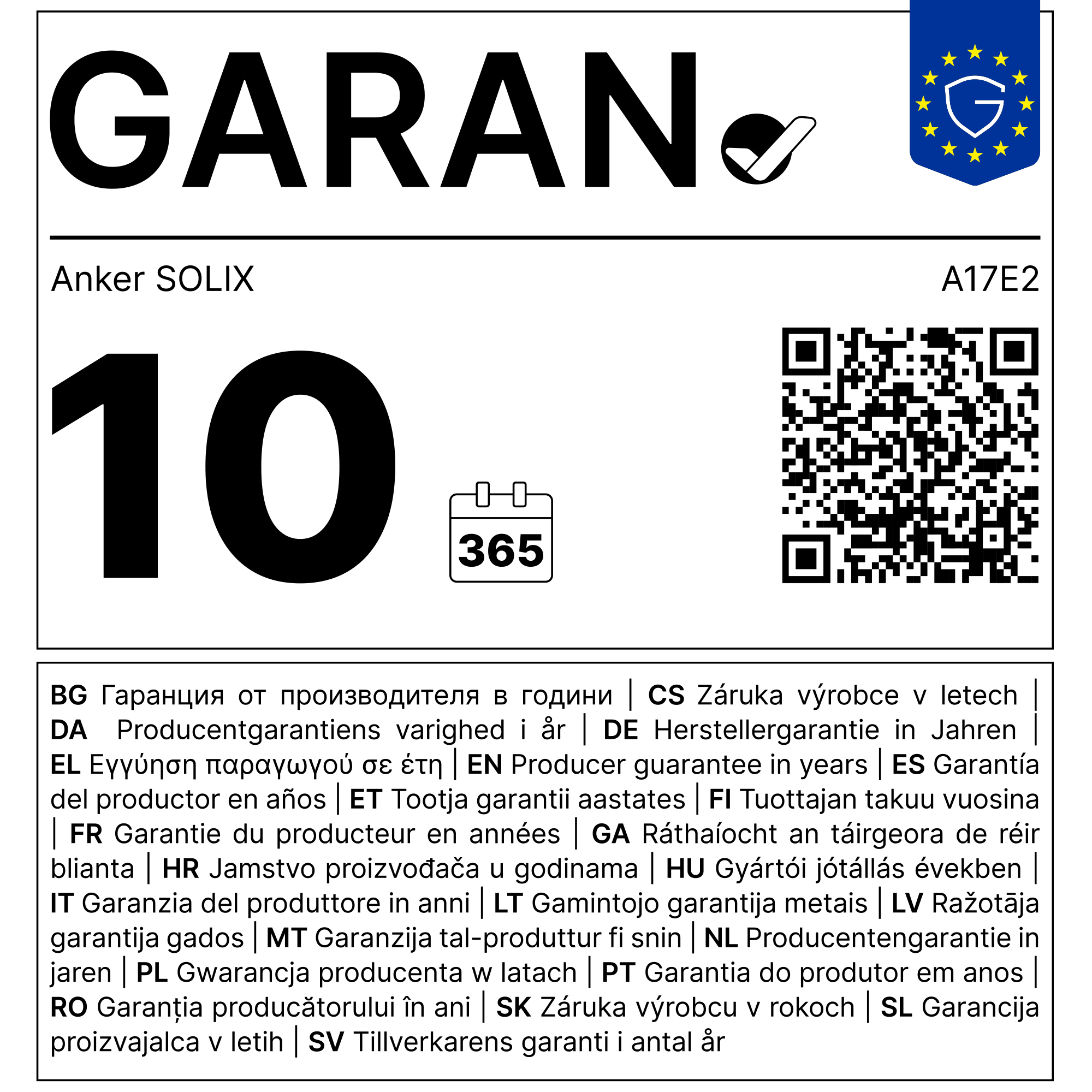 Anker Solix 10-Jahres-Garantie-Label mit QR-Code und Text in verschiedenen Sprachen.
