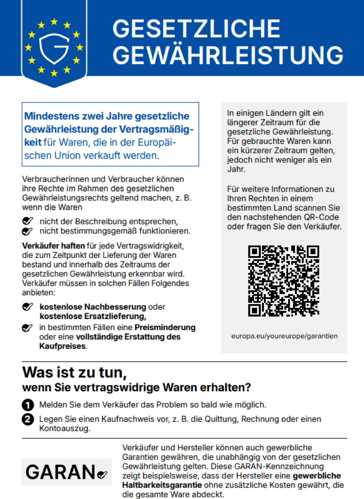 Informationsblatt zur gesetzlichen Gewährleistung in der EU mit QR-Code und Handlungsanweisungen.