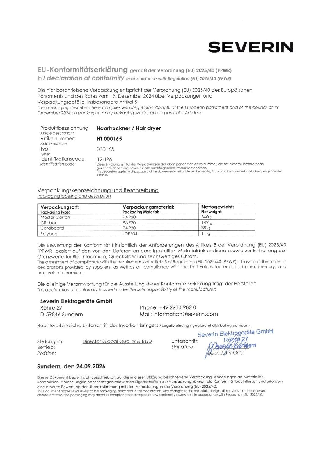 Déclaration UE de conformité pour emballage de sèche-cheveux avec spécifications.