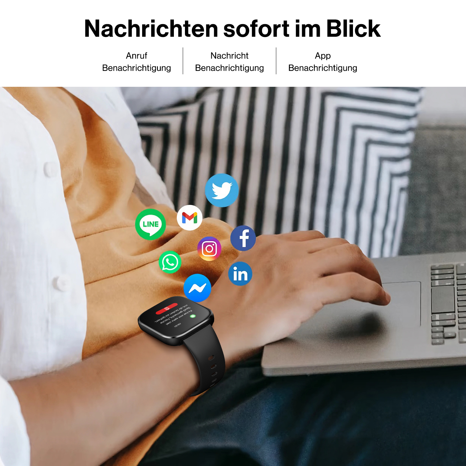 Eine Smartwatch am Handgelenk eines Mannes zeigt Benachrichtigungen von Apps wie WhatsApp, Instagram und Twitter.