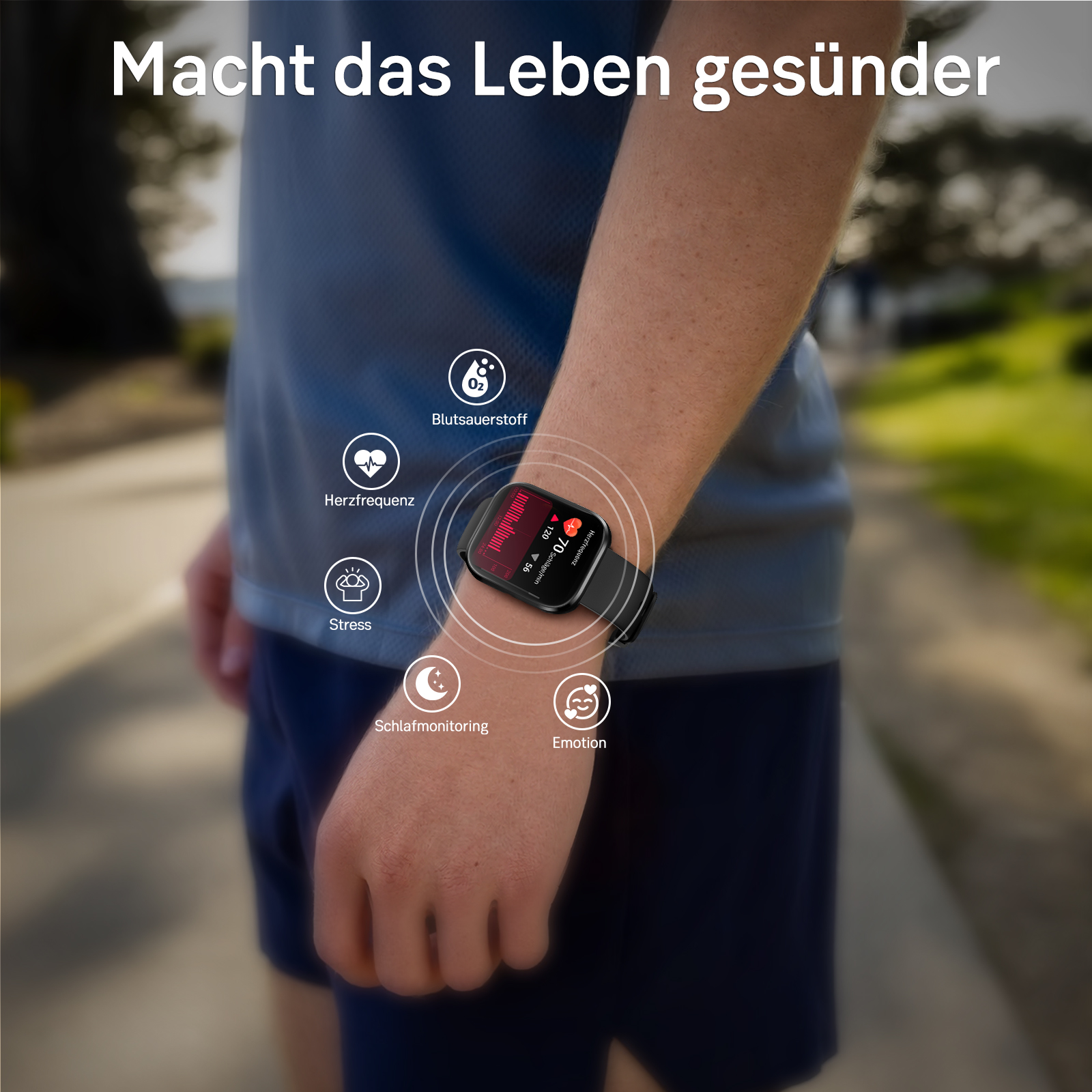 Person trägt eine Smartwatch am Handgelenk mit Icons für Blutsauerstoff, Herzfrequenz, Stress und Schlaf.