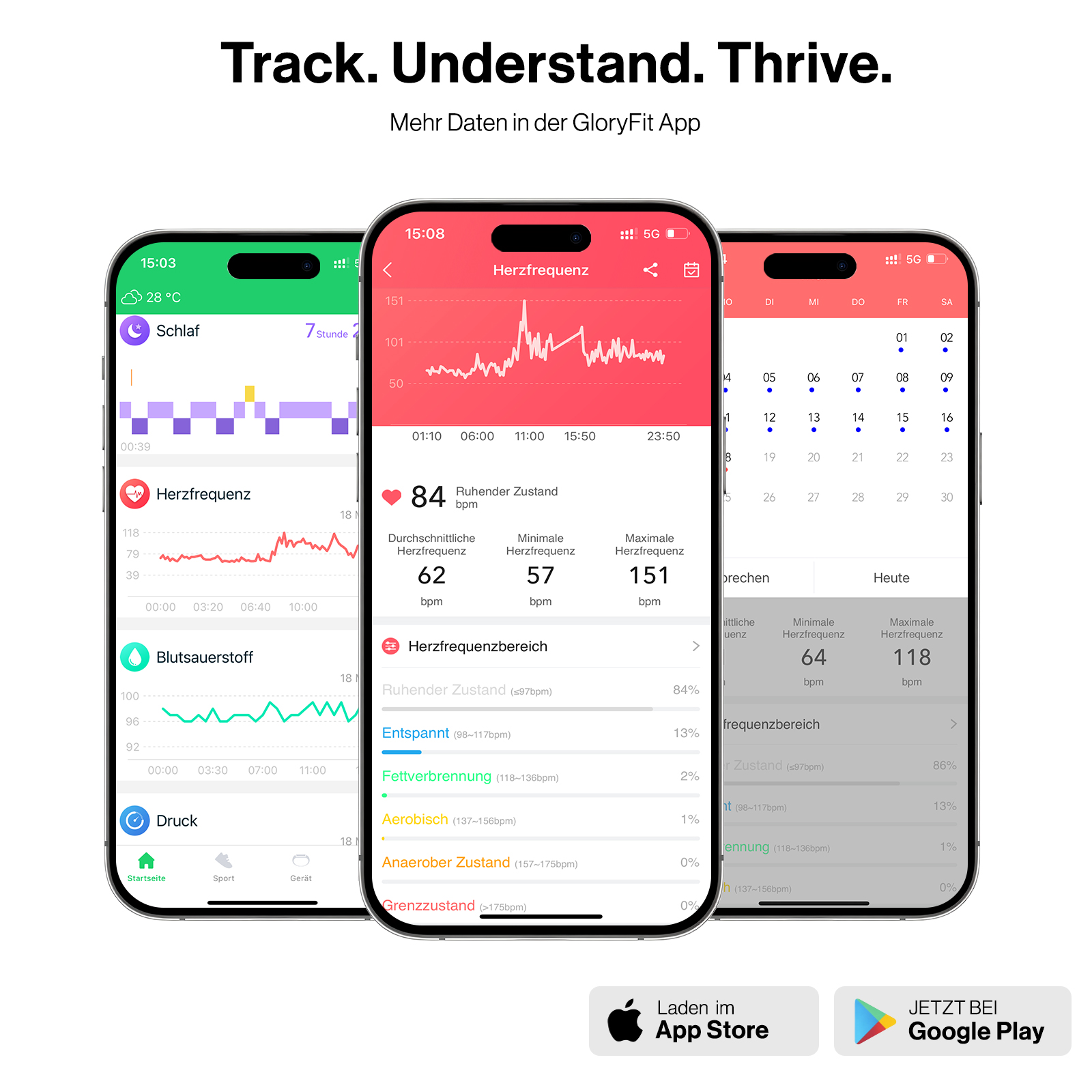 Drei Smartphones zeigen Fitness- und Gesundheitsdaten in einer App, mit Texten wie Track, Understand, Thrive.