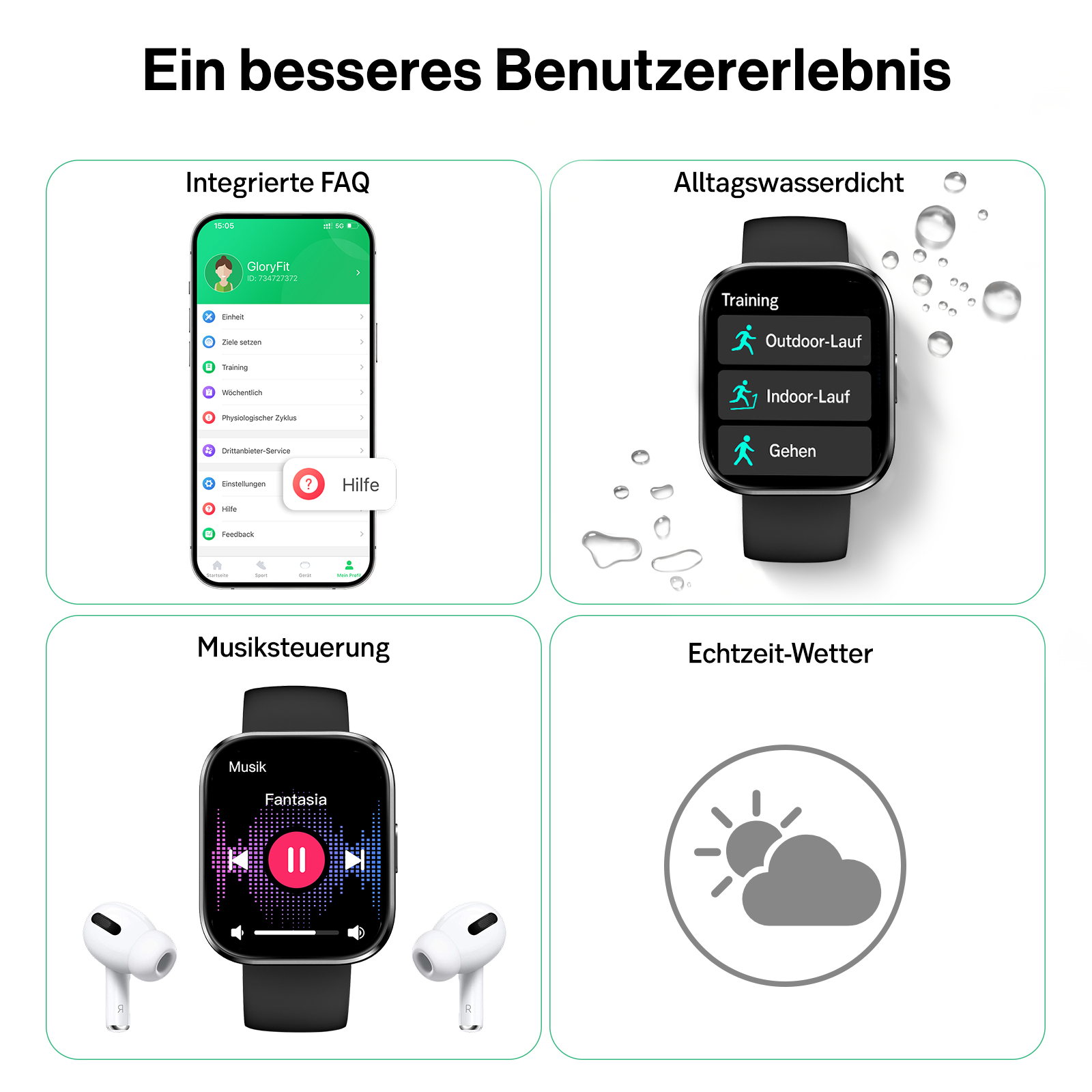 Vier Bilder zeigen Smartwatch-Funktionen: App, Wasserdichtigkeit, Musiksteuerung und Wetter.