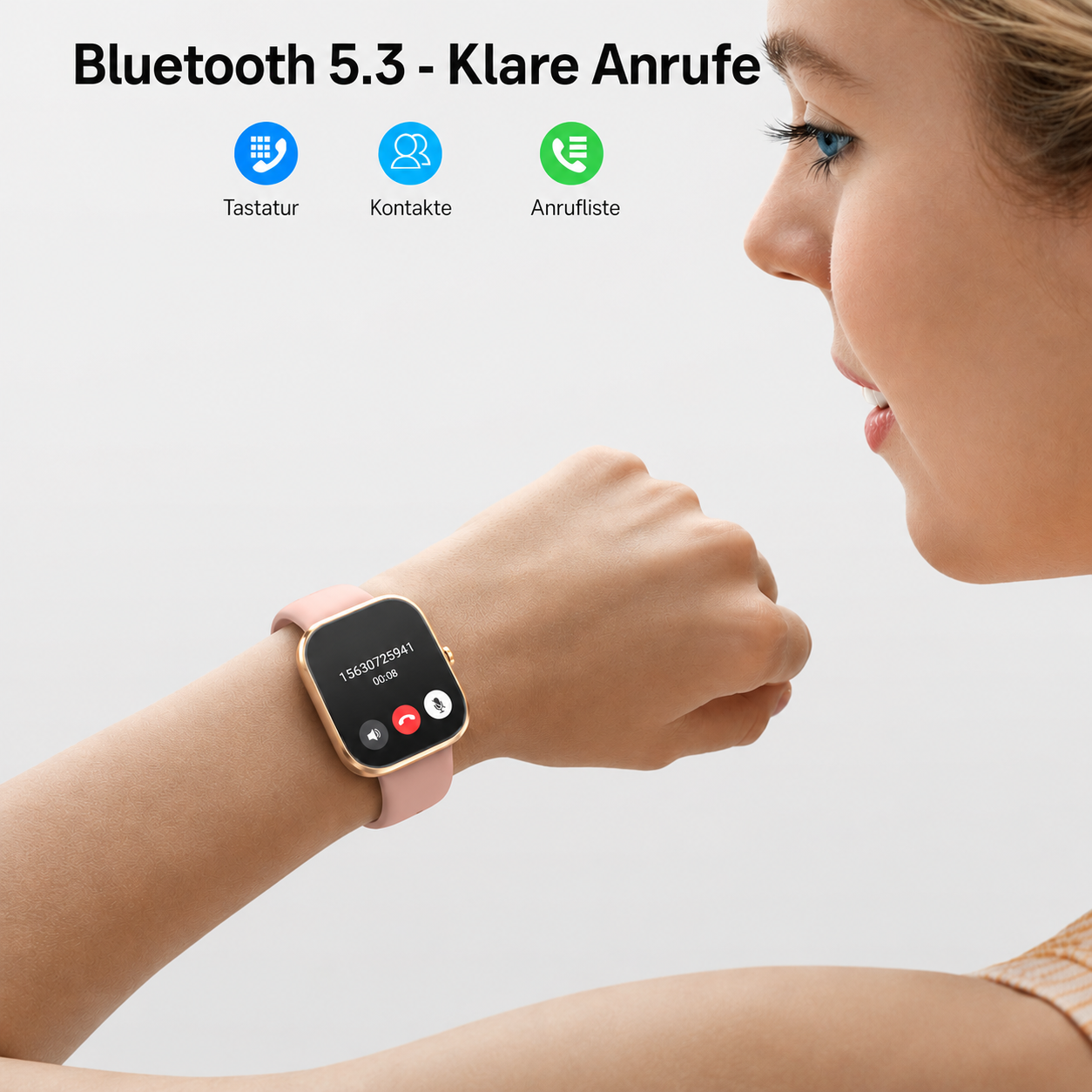 Eine Frau nutzt eine rosafarbene Smartwatch am Handgelenk für einen Anruf, mit Icons für Tastatur, Kontakte und Anrufliste.