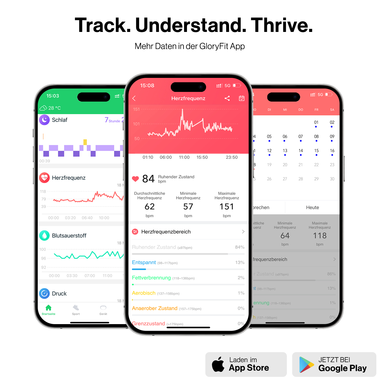 Drei Smartphones zeigen Fitness-Tracking-Daten in einer App, darunter Herzfrequenz und Schlaf. Text oben und Store-Buttons unten.