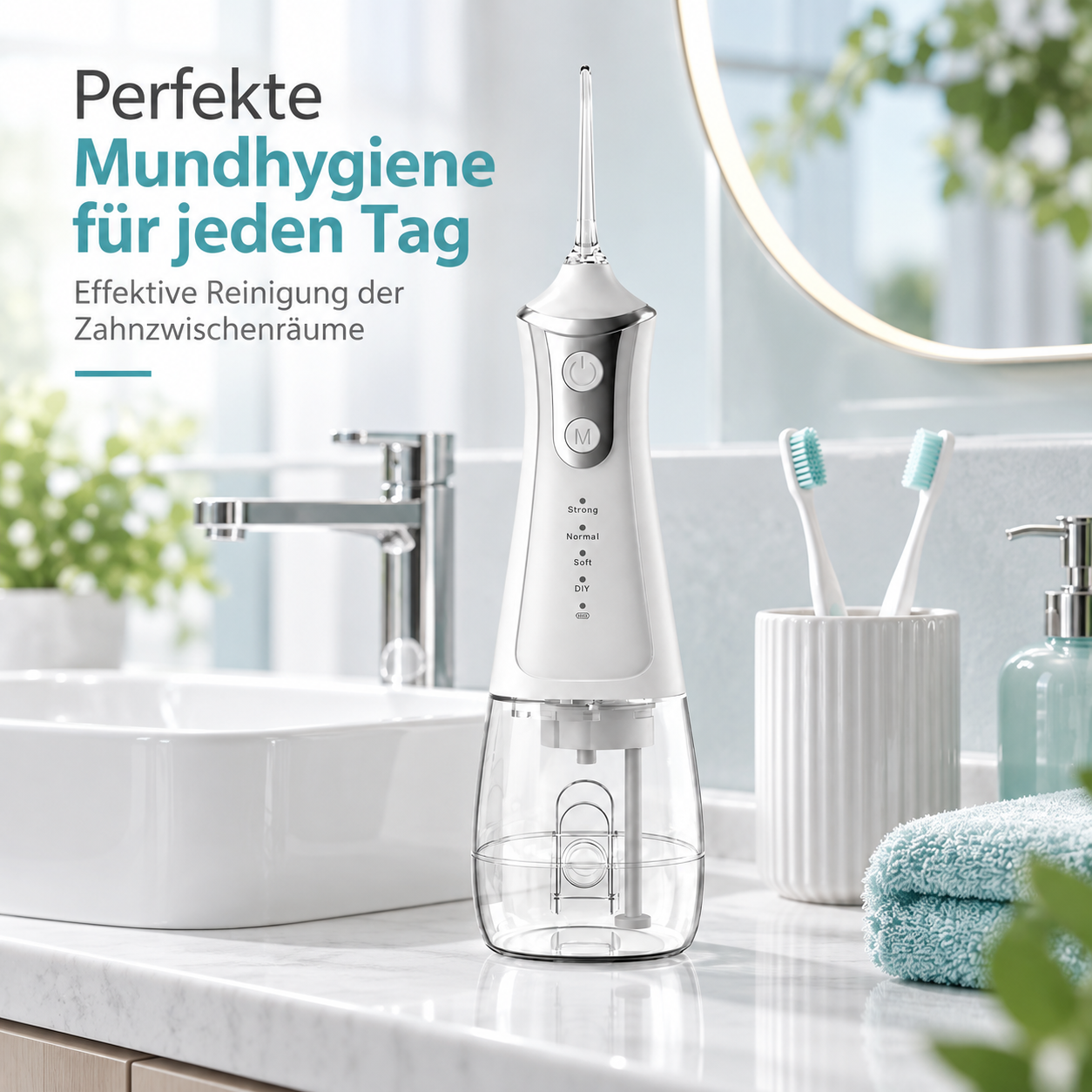 Ein weißer Munddusche steht auf einem Badezimmerwaschbecken neben Zahnbürsten und einem Handtuch.