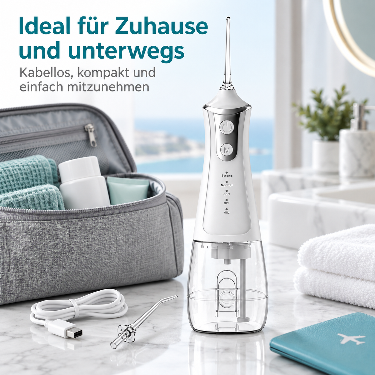 Tragbarer Mundduscher neben Kulturbeutel, Ladekabel und Zubehör auf Marmorplatte.