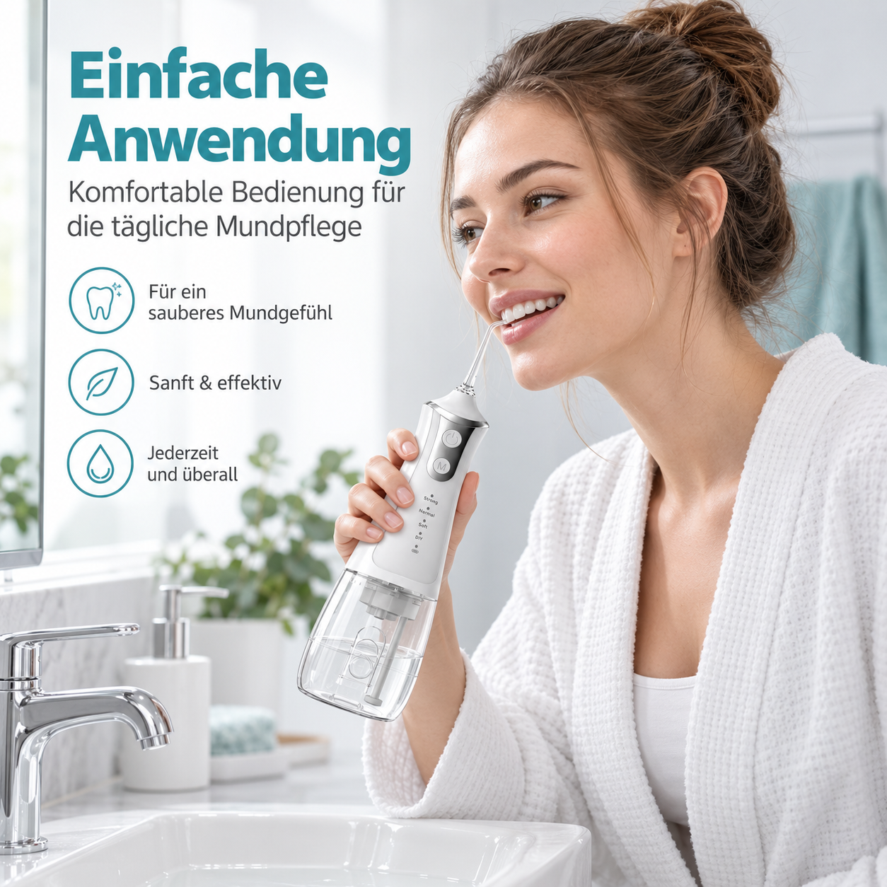 Eine Frau in einem weißen Bademantel benutzt eine weiße Munddusche im Badezimmer.