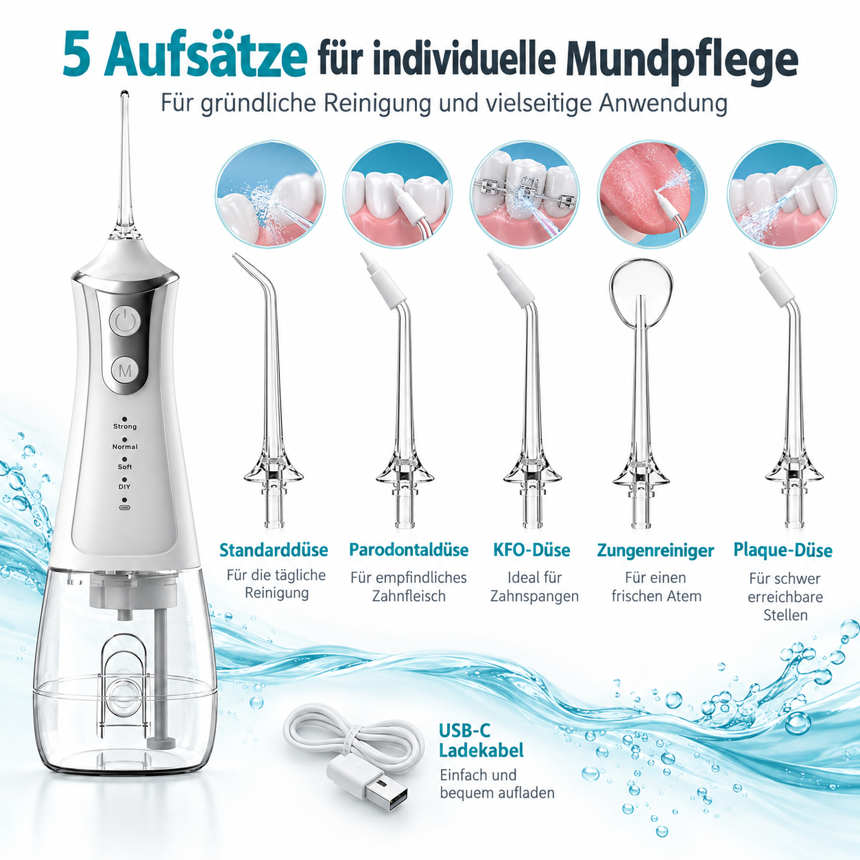 Eine weiße Munddusche mit fünf Düsen, USB-C-Kabel und deutschem Text über verschiedene Anwendungen zur Zahnreinigung.