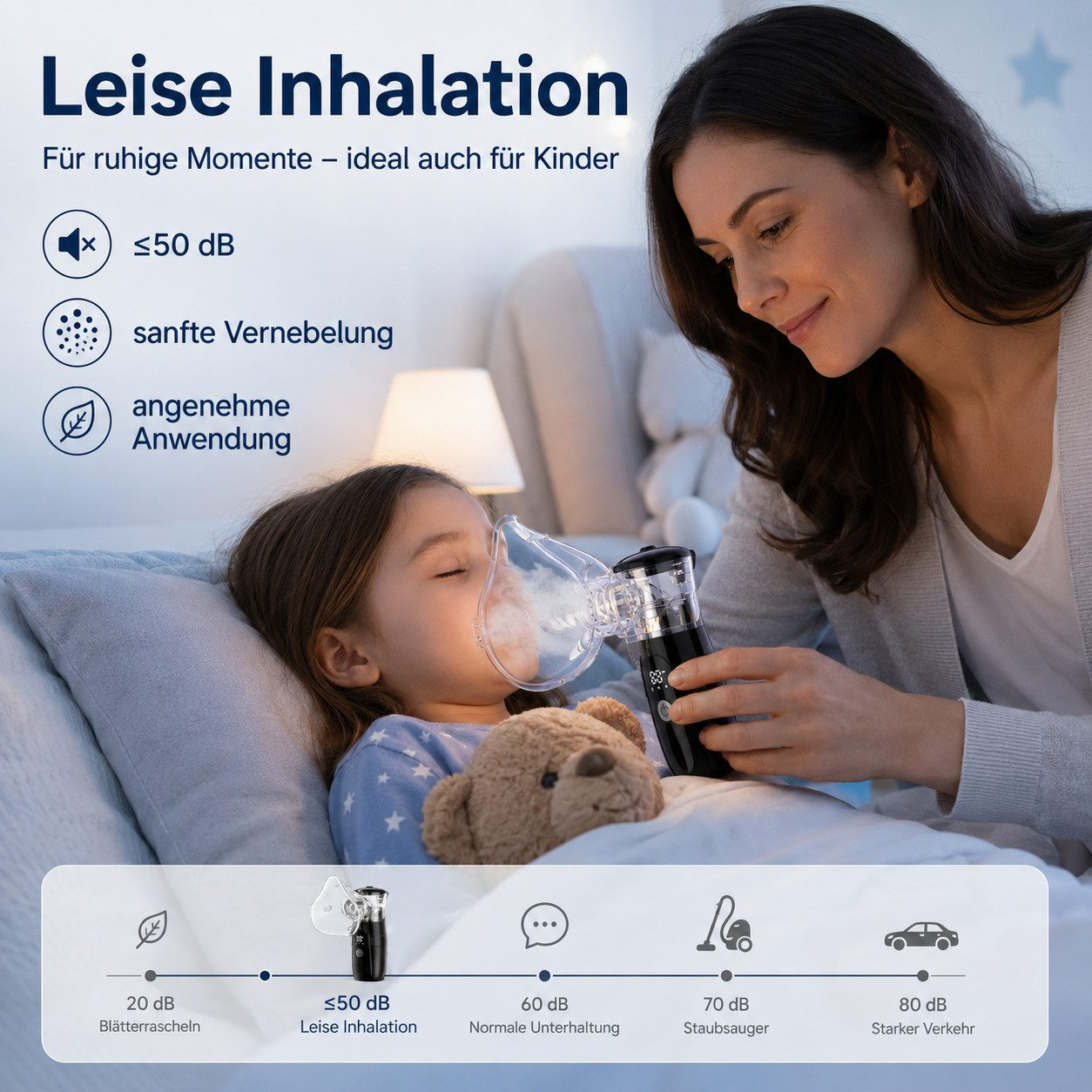 Eine Mutter hilft ihrem ruhenden Kind sanft bei der Inhalation mit einem leisen Gerät in einem Raum.