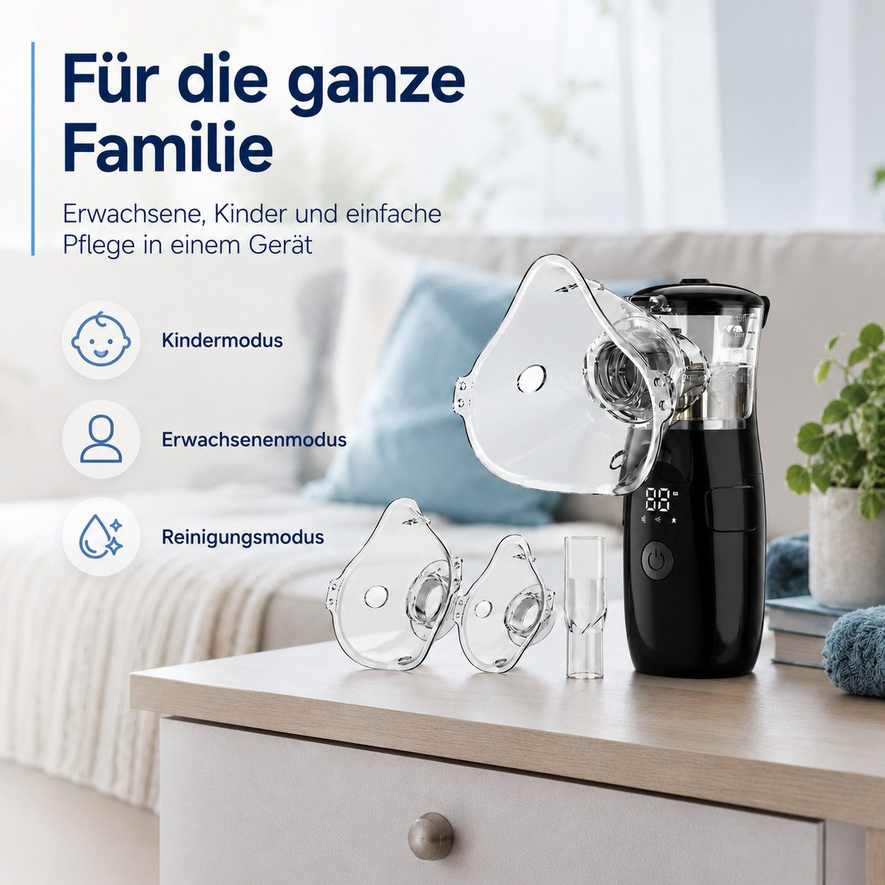 Ein schwarzer Inhalator mit Kinder- und Erwachsenenmasken auf einem Holztisch.