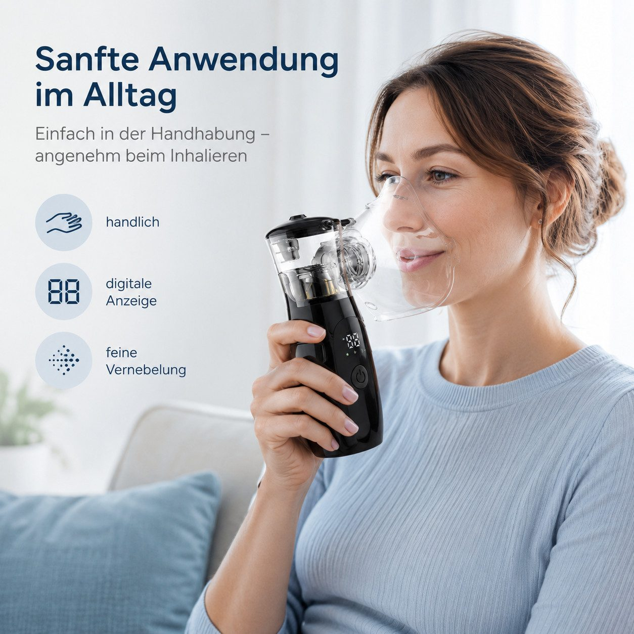 Eine Frau hält ein schwarzes Inhalationsgerät mit Maske ans Gesicht und lächelt. Text auf Deutsch ist sichtbar.
