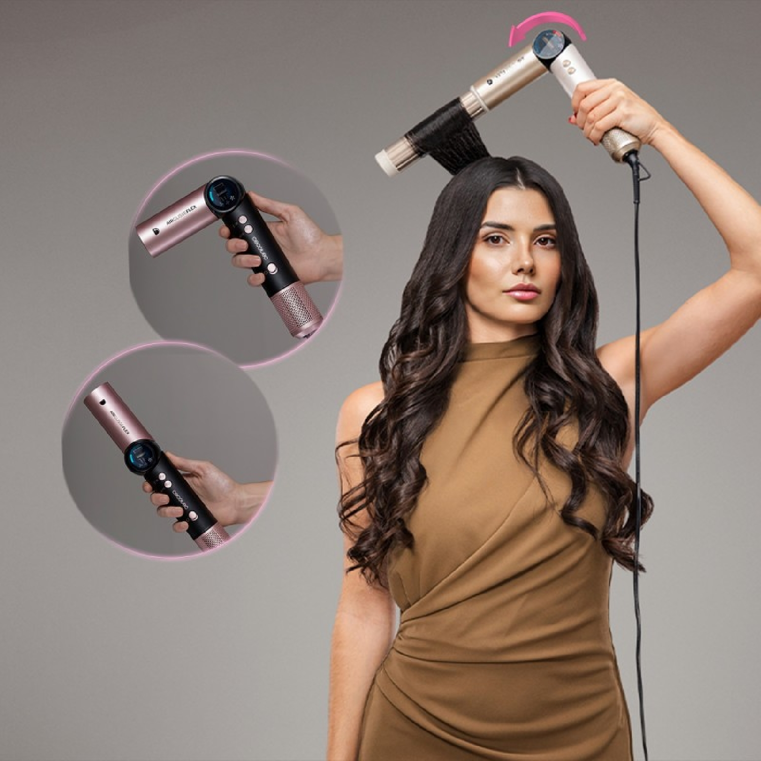 Una donna in abito marrone usa un asciugacapelli oro rosa e nero, con riquadri che mostrano il dispositivo.