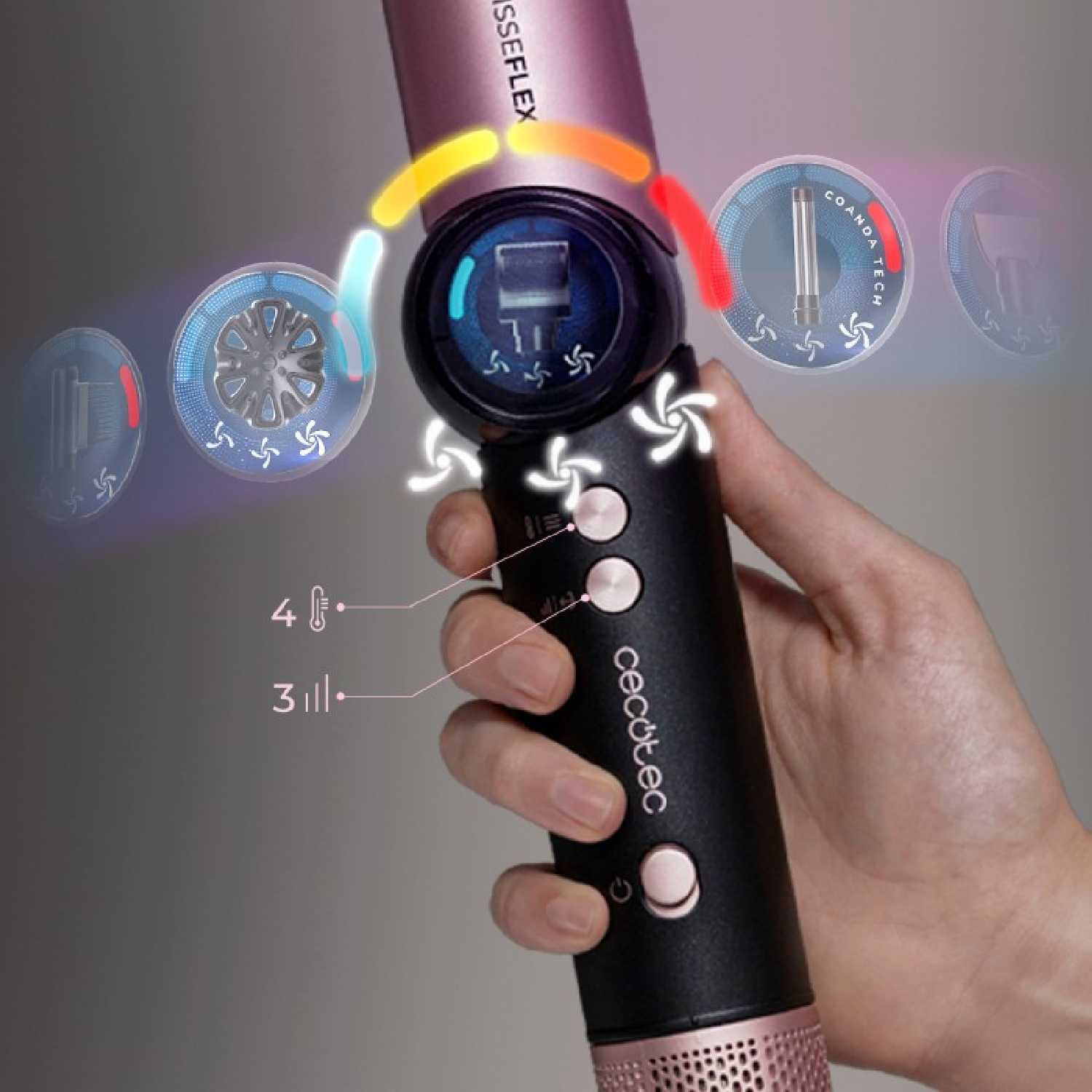 Una mano regge un styler per capelli Cecotec rosa e nero con display e pulsanti.